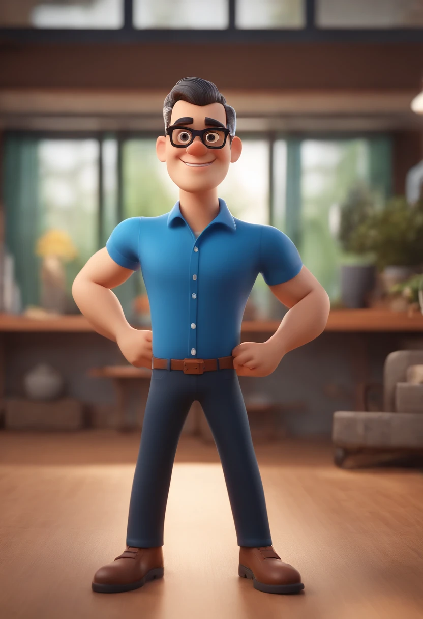 Cartoon character of a man wearing black glasses and a blue shirt, um personagem animado, Caractere estilizado, animation style rendering, 3D estilizado, Arnold Maya render, 3 d render stylized, toon render keyshot, Personagem 3D, Personagem 3D, 3d rendering stylized, 3 d character render, personagem de desenho animado, Personagem de close up, Pose de personagem, (Estilo Pixar) (master part:1.2) (Bokeh) (best quality) (pele detalhada) (textura detalhada) (8k) (argila) (Cinematic lighting) (foco nítido，Senta e vaza a parte superior do corpo