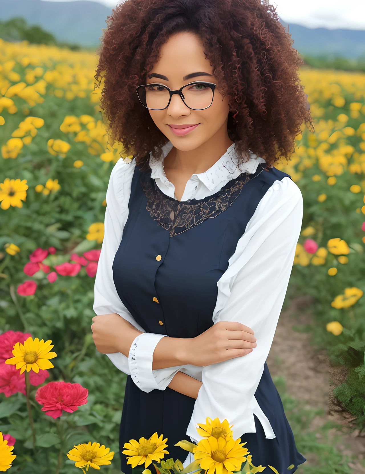 Samoan mom glasses curly hair with flowers