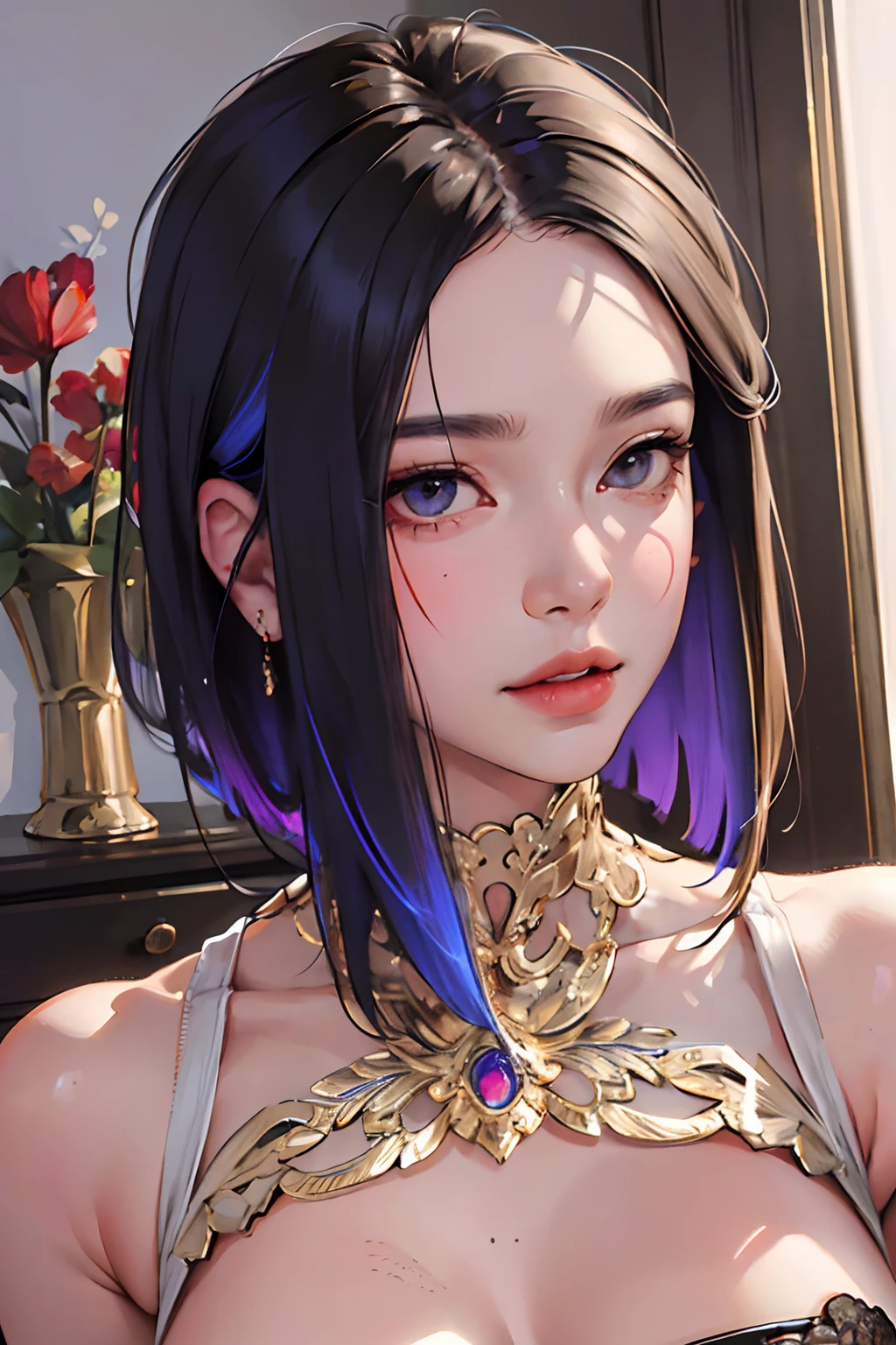 (masterpiece:1.2, best quality), (very detailed face, real picture, realistic skin, realistic body, intricate details), solo, teen, casual, close up, potrait, colorful hair, wolfcut hair
