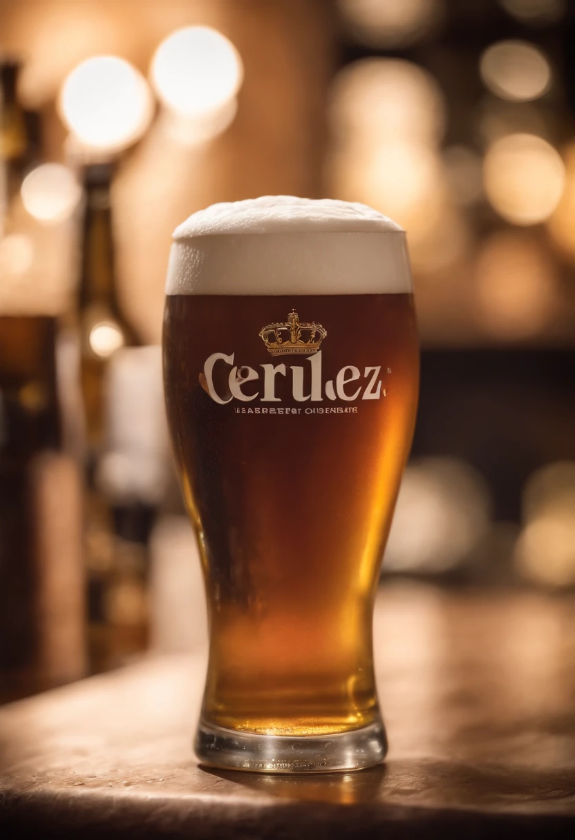 Jarra de cerveza plana, German style, Mucha espuma, Plano delantero, foto realista, Ultra Sharp Focus, Disparos realistas, Fondo moderno, Warm and bright atmosphere, cold beer, con espuma real en el borde, un vaso de vidrio, Tulip Style, Like tulip full of beer, Similar a los anuncios de cerveza, Comercial de cerveza, with cumpeaños candles on top of beer foam