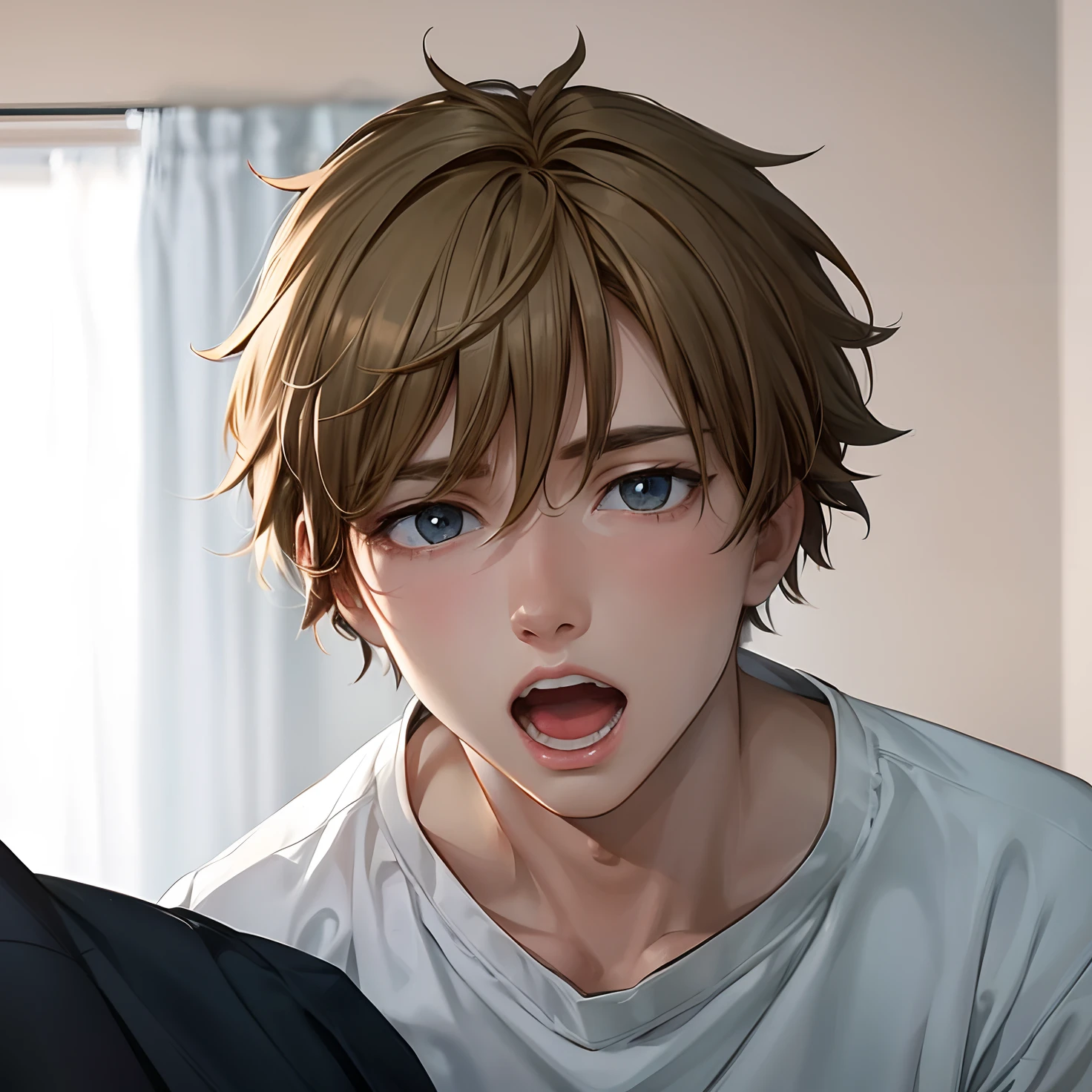 1 boy, white shirt, short hair, brown hair, realistic, ultra detaile,70mm lens