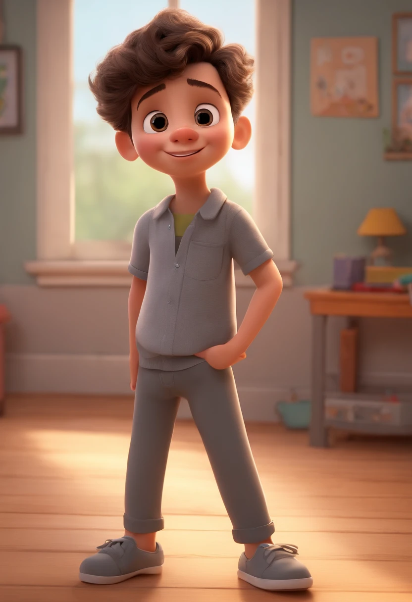 Image of a boy in gray shirt and gray pants ,for a story in a YouTube video in Pixar format, He's the allabester, He's the class leader, He's outgoing, Playful and gets up for a lot of things