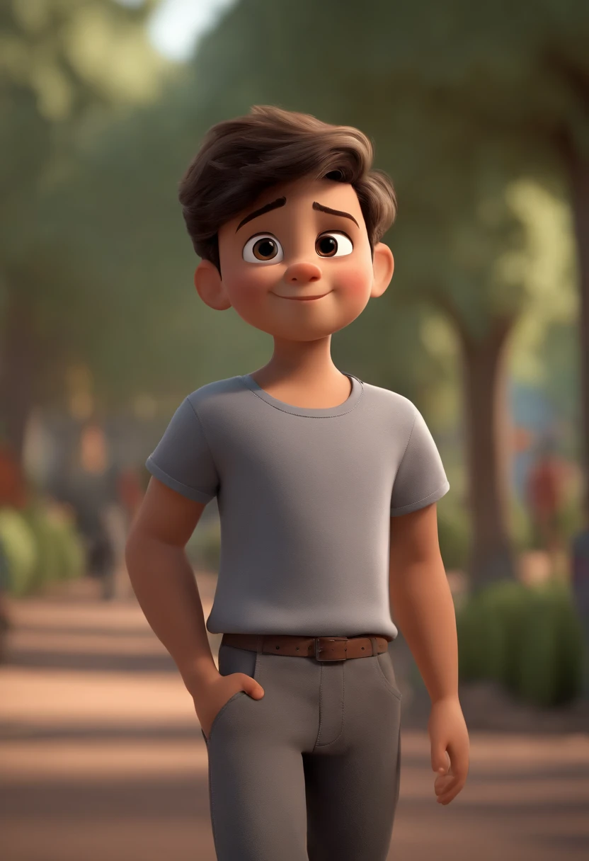 Image of a boy in gray shirt and gray pants ,for a story in a YouTube video in Pixar format, He's the allabester, He's the class leader, He's outgoing, Playful and gets up for a lot of things
