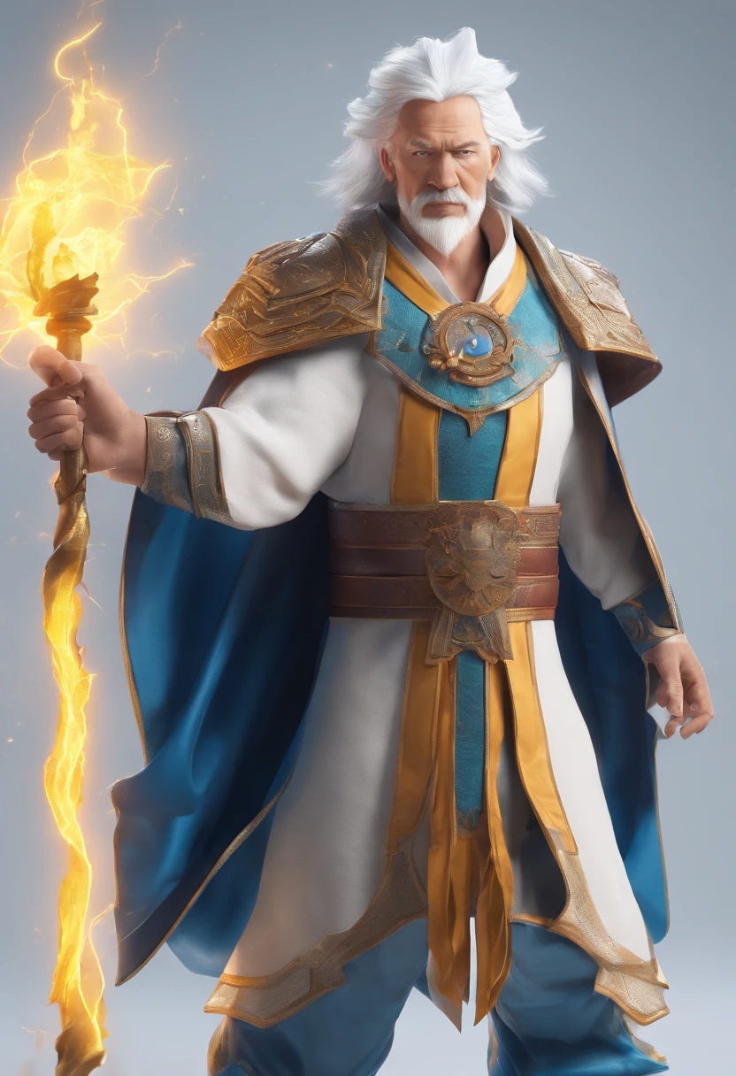 White-haired middle-aged man with lightning bolts in his hands, Blue Taoist robes, forte