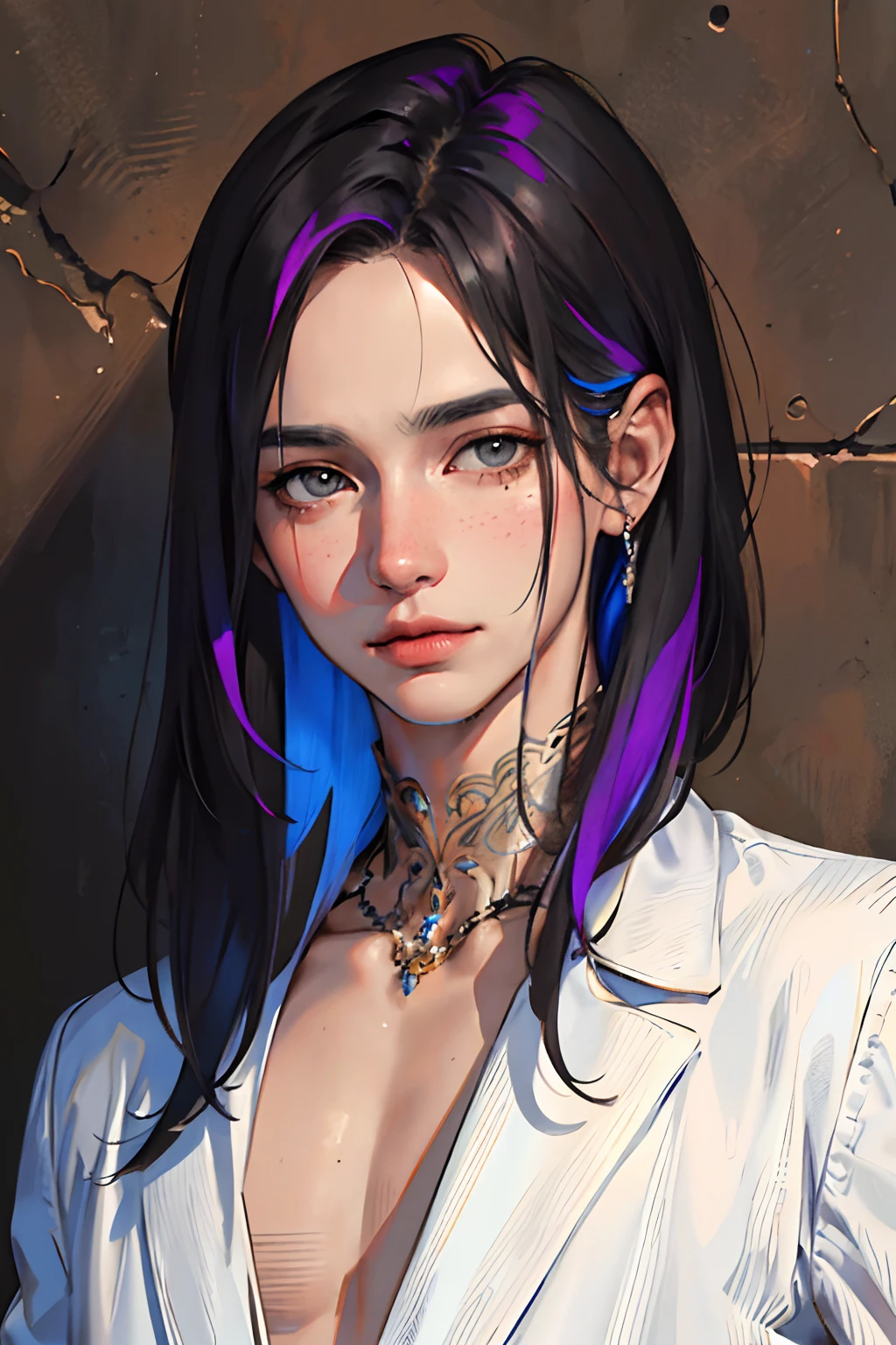 (masterpiece:1.2, best quality), (very detailed face, real picture, realistic skin, realistic body, intricate details), solo, , casual, men, close up, potrait, colorful hair, wolfcut hair, grey hair