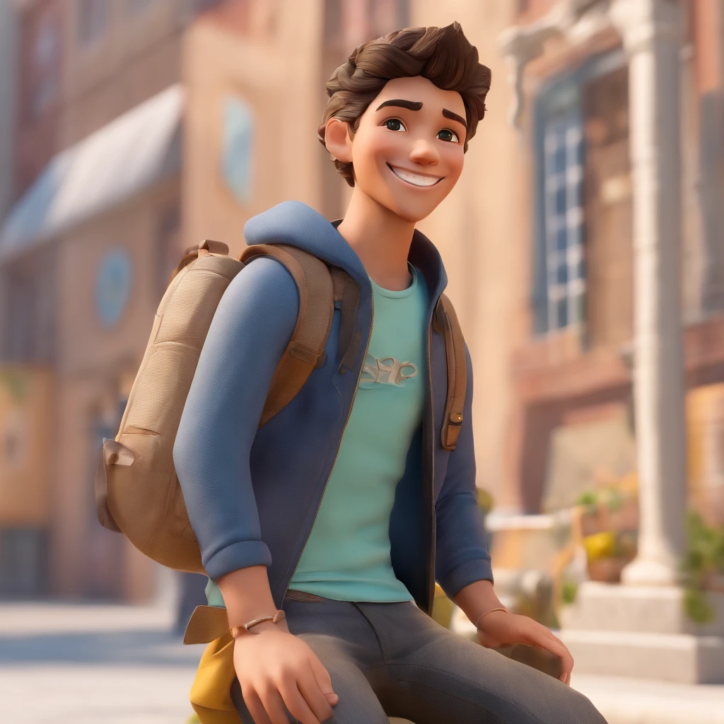 Lucas is a smiling 22-year-old human boy, com seu fiel amigo, amora, o gato , preto, branco e amarelo, no seu colo