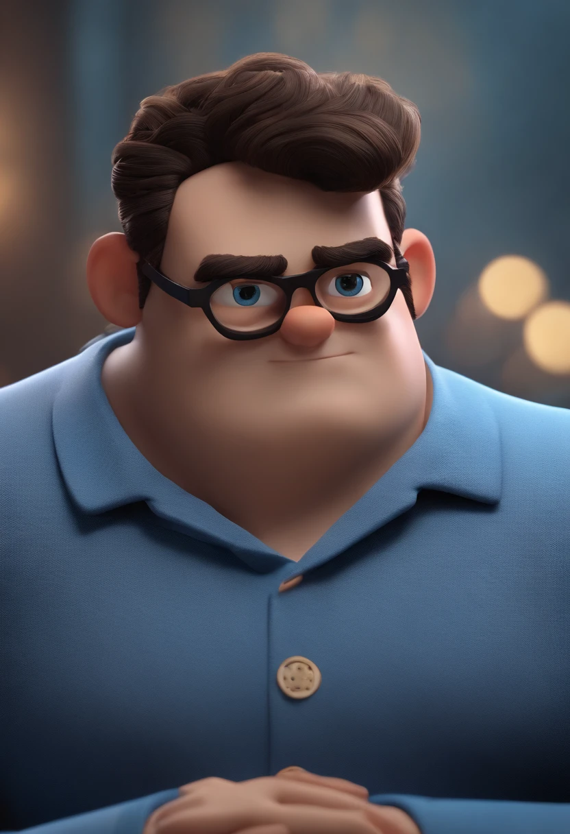 Cartoon character of a man wearing black glasses and a blue shirt, um personagem animado, Caractere estilizado, animation style rendering, 3D estilizado, Arnold Maya render, 3 d render stylized, toon render keyshot, Personagem 3D, Personagem 3D, 3d rendering stylized, 3 d character render, personagem de desenho animado, Personagem de close up, Pose de personagem, (Estilo Pixar) (master part:1.2) (Bokeh) (best quality) (pele detalhada) (textura detalhada) (8k) (argila) (Cinematic lighting) (foco nítido，Senta e vaza a parte superior do corpo