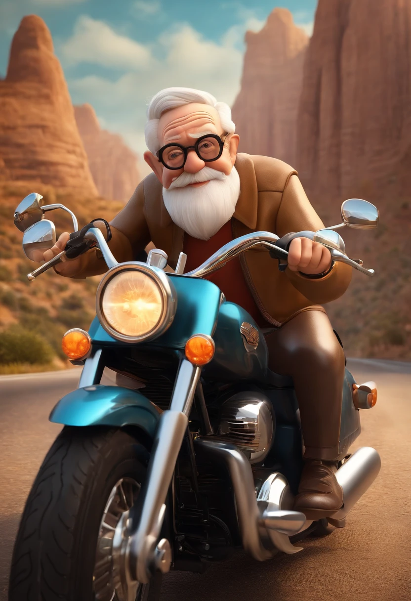 a 3D Disney Pixar poster of an elderly man with glasses, pilotando uma Harley Davidson 883 em uma viagem de moto. (altamente detalhado:1.2), Realistic depiction of a senior man with glasses, entusiasta do motociclismo, with great attention to facial expressions and wrinkles, cena com cores vibrantes, cabelo detalhado e bigode, Background with scenic landscapes and iconic landmarks, arte profissional, Capturing the joyful spirit of adventure and freedom, dynamic compositing, Beautiful lighting and shading, Capturing the essence of the open road.