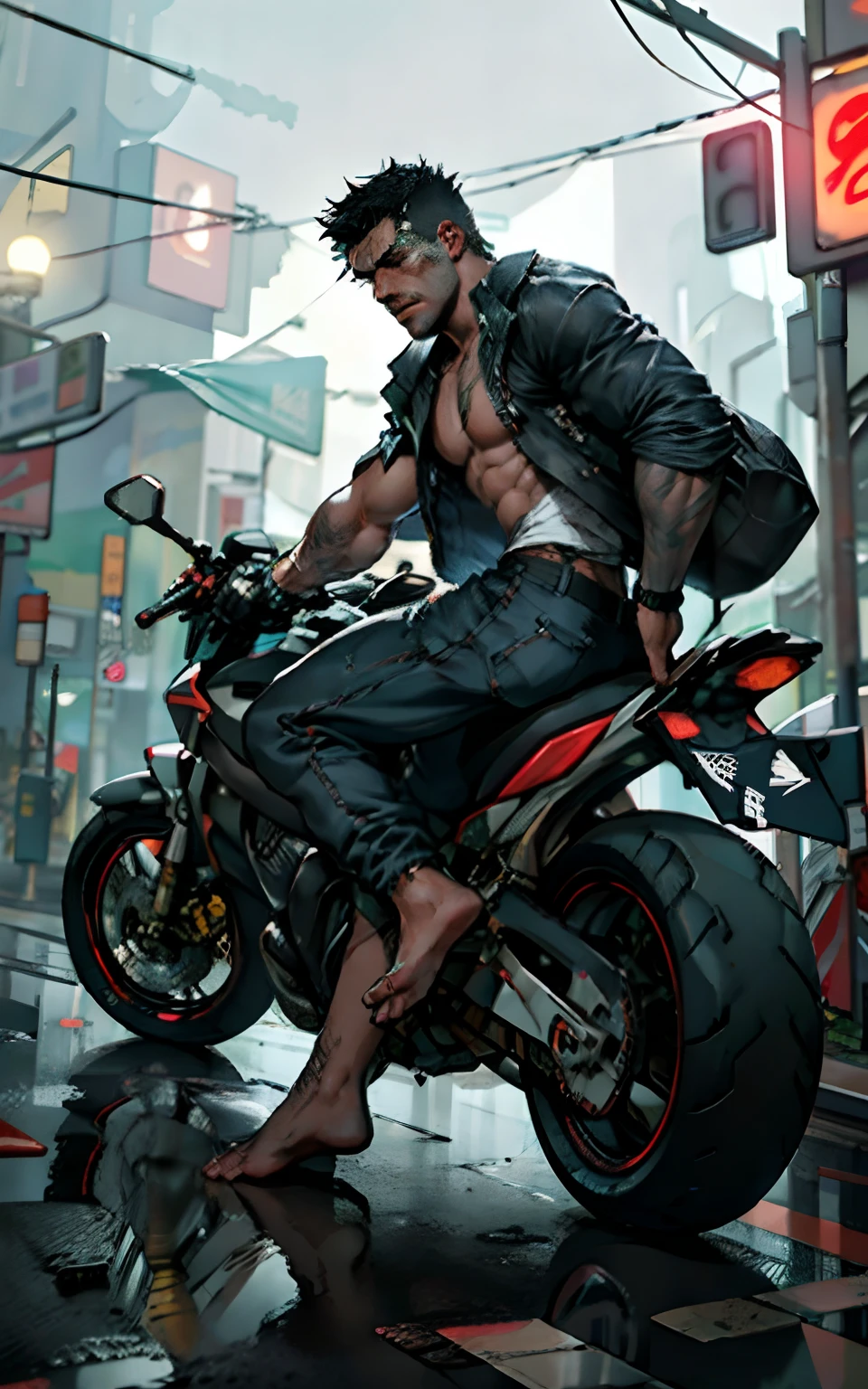 a man, age 20, shirtless and barefoot, wearing ripped jeans pants, (riding a motorcycle:1.2) at high speed, under the rain, busy cybercity streets, inspired by blade runner, (good proportions)
