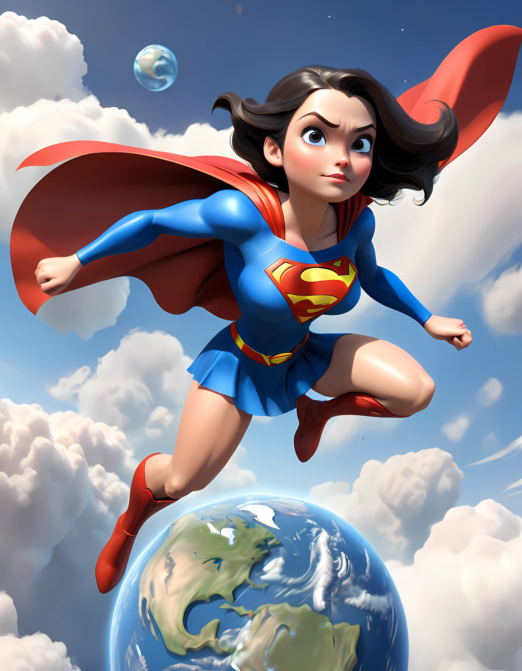 Pixar style:2，Superman girl flying in the sky，Overlooking the earth