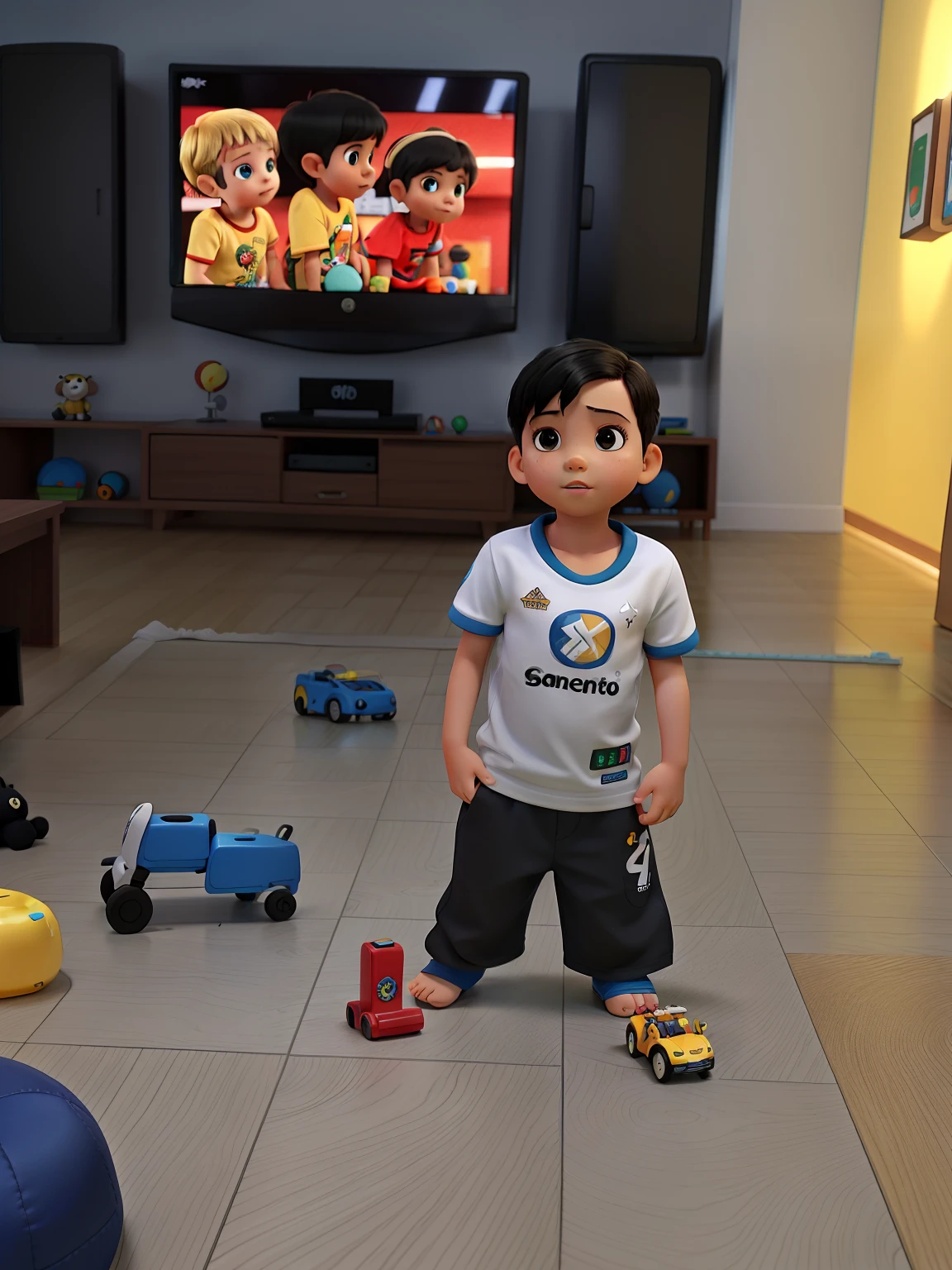 A child wearing a Corinthians shirt defecating on top of the toilet lid