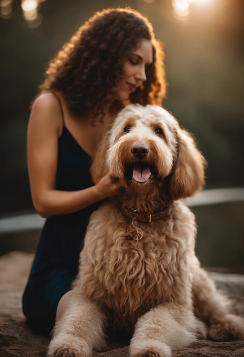 mulher com cabelo loiro,Cabelos longos ondulados grandes，Segure um Labradoodle