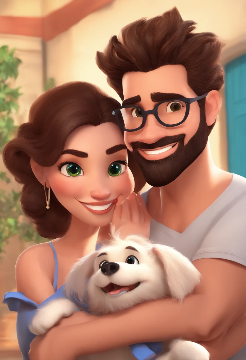 An illustration of an adorable couple, Destaque para um homem branco, com cabelo loiro escuro, green eyes and glasses and a brunette woman with darker skin than his and beautiful expressive eyes – the man's skin is white, while the woman's skin is brown and the woman's hair is wavy and black. They're at home, na sala de estar, com detalhes em azul, cada um com um sorriso no rosto, the man holding a baby resembling him and the woman holding a medium-sized white dog, Insights. Illustrate this scene from a perspective where they are facing the camera, Smiling and Showing Your Connection. Desenvolva esta arte em Full HD, Focus on your cinematic touch, Estilo Disney Pixar Animations