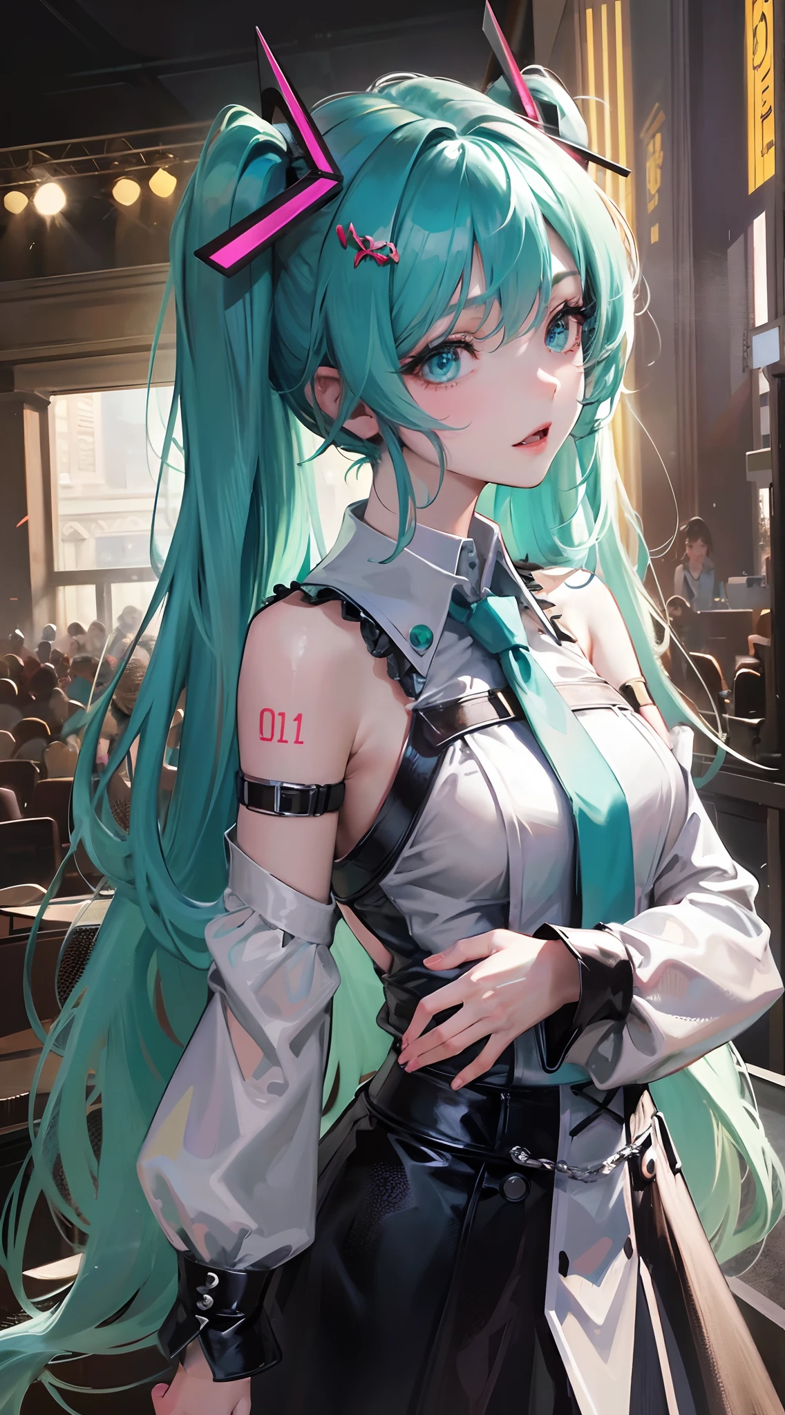 Absurdres masterpiece HDR high quality picture of Hatsune Miku, very young age girl 14 years old with detailed face, simple hair design , beautiful face, hands on waist and hands are hiding in her hair and clothes , very long hair, ((random hair style:1 )) , anime eyes, light skin , 

Devil Girl outfit , black wings, detailed hair ornaments  , concert stage background, masterpiece scenery