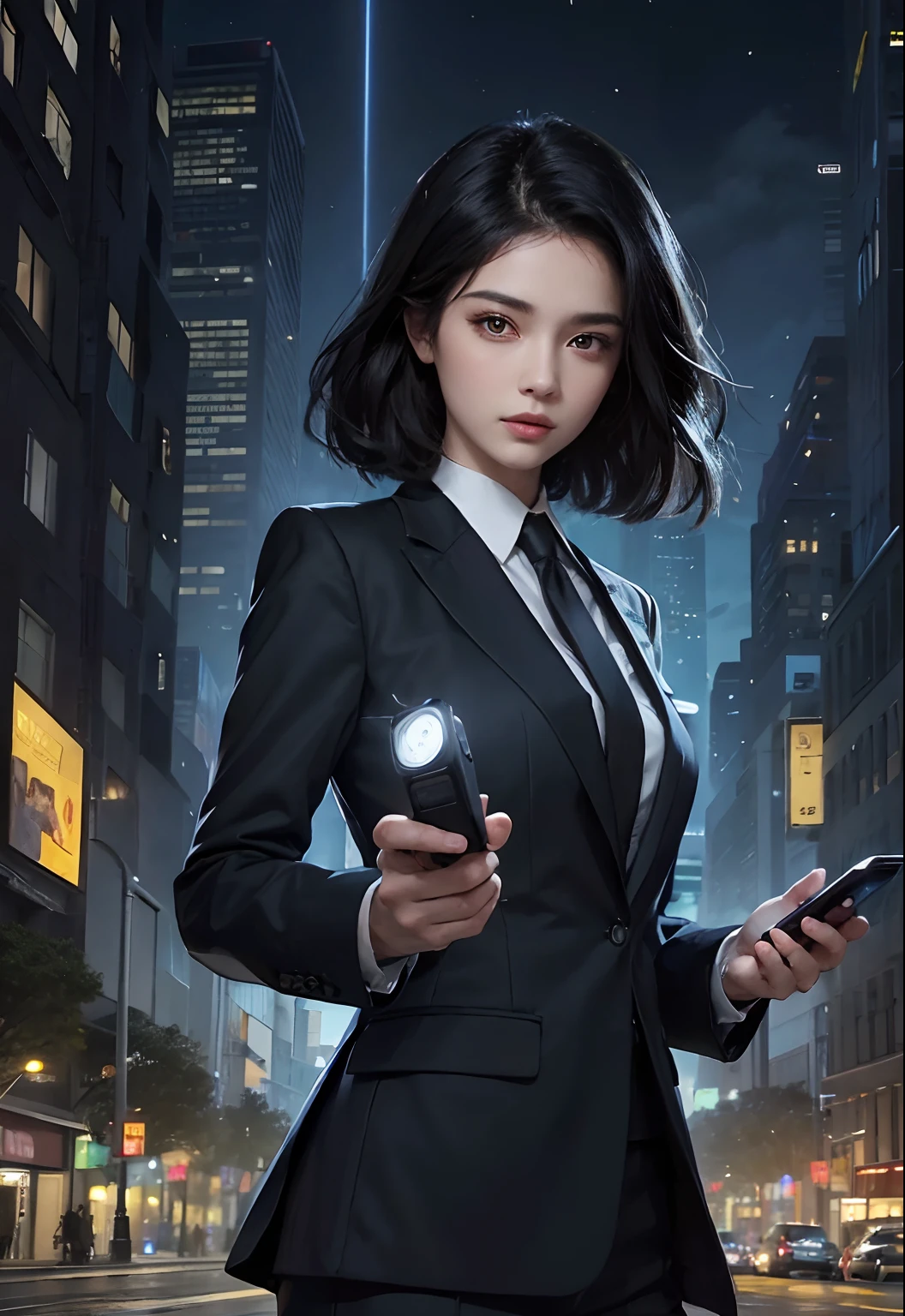 Beautiful woman. Detailed drawing of the face. A masterpiece. Black hair. He is wearing a black business suit. In one hand, he holds a device that resembles a flashlight. She is standing in the middle of the city at night. An uninhabited city.