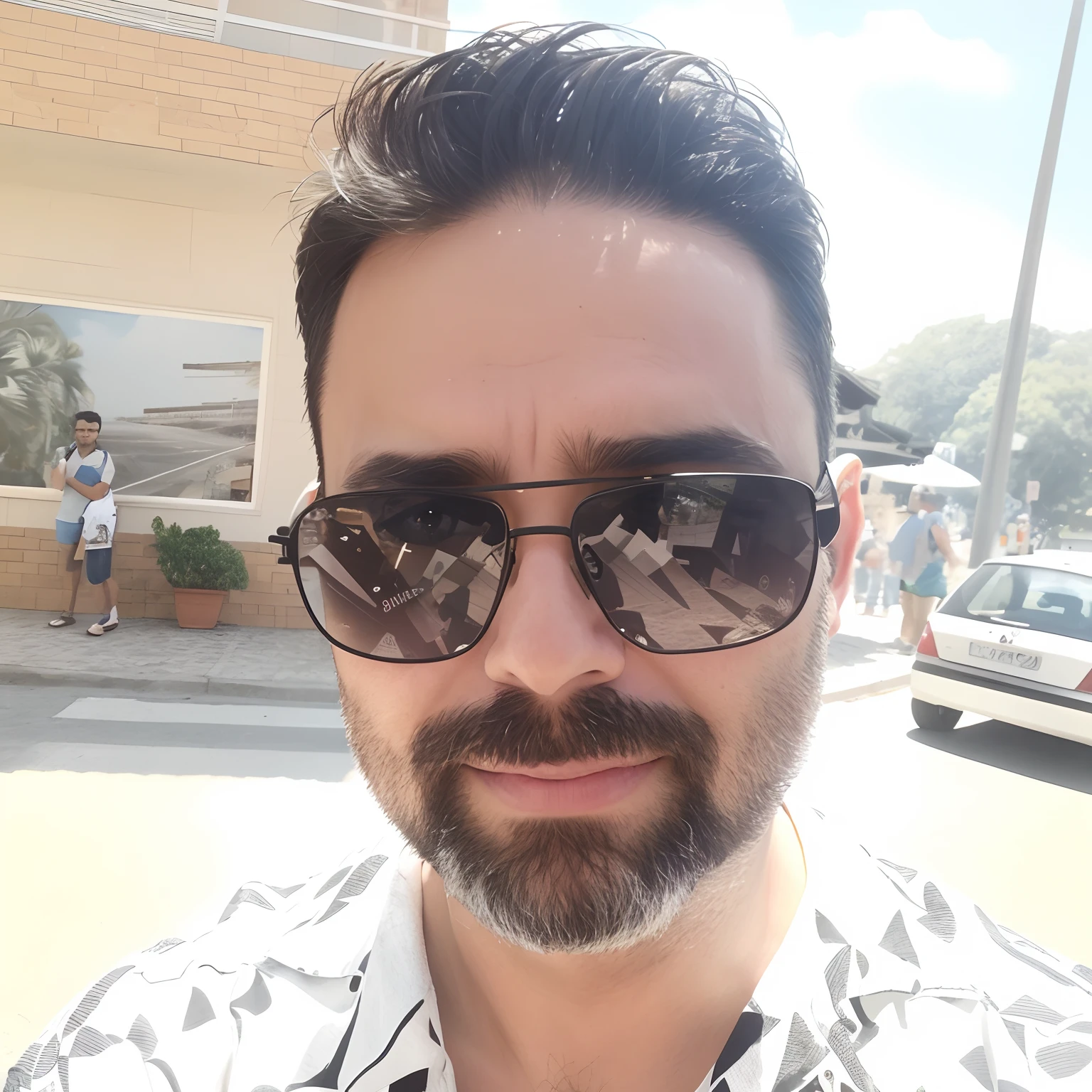 There's a man in sunglasses and a beard on the street, Fotografia selfie 8k, (38 anos), Alexandros Pyromallis, imagem de qualidade muito baixa, Postagem no Reddit, foto selfie, Homem de 4 0 anos, Aykut Aydogdu, cerca de 3 5 anos, Homens de 45 anos, selfie de um homem