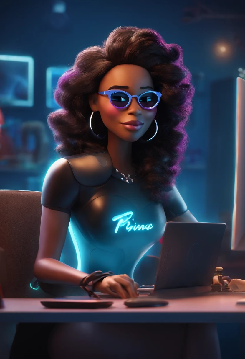 "Create a Pixar Poster Style Character in 3D in 4K , with the title: " SARAH TECH" The Unstoppable. The setting is a work-from-home studio, com leds e luzes neon magenta e azul. The main character is a woman with light black skin, alegre, animada, He's an entrepreneur, tem olhos castanhos, cabelo castanho cacheado enrolado, usa ósulos estilo ray-ban. The prince character's outfit is a black jacket written sj tech. She's working with a laptop or computer in her hand"