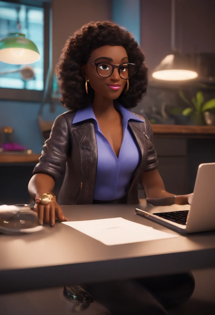 "Create a Pixar Poster Style Character in 3D in 4K , with the title: " SARAH TECH" The Unstoppable. The setting is a work-from-home studio, com leds e luzes neon magenta e azul. The main character is a woman with light black skin, alegre, animada, He's an entrepreneur, tem olhos castanhos, cabelo castanho cacheado enrolado, usa ósulos estilo ray-ban. The prince character's outfit is a black jacket written sj tech. She's working with a laptop or computer in her hand"