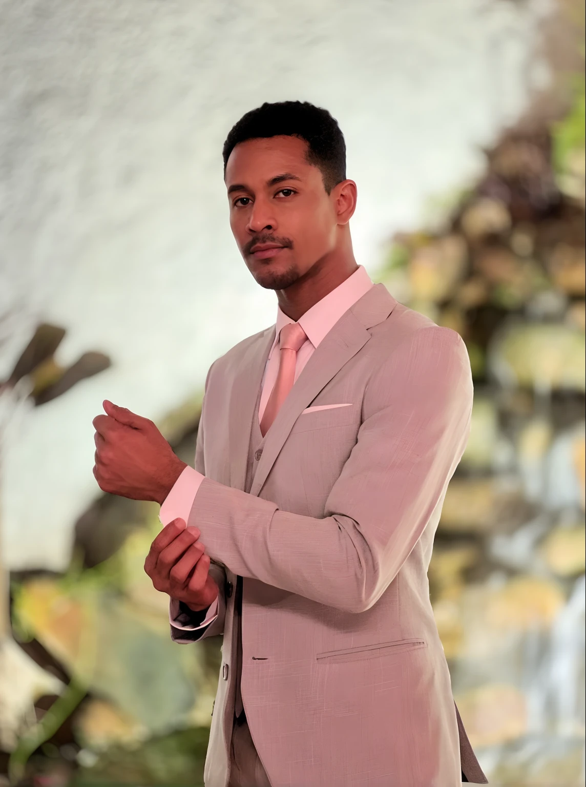 there is a man in a suit and tie standing in front of a waterfall, wearing a light - pink suit, tan suit, taken in the early 2020s, doing an elegant pose, wearing a pink tux, handsome man, brandon, handsome and elegant, photo shoot, suit and tie, smooth in the background, looking to his left, handsome male