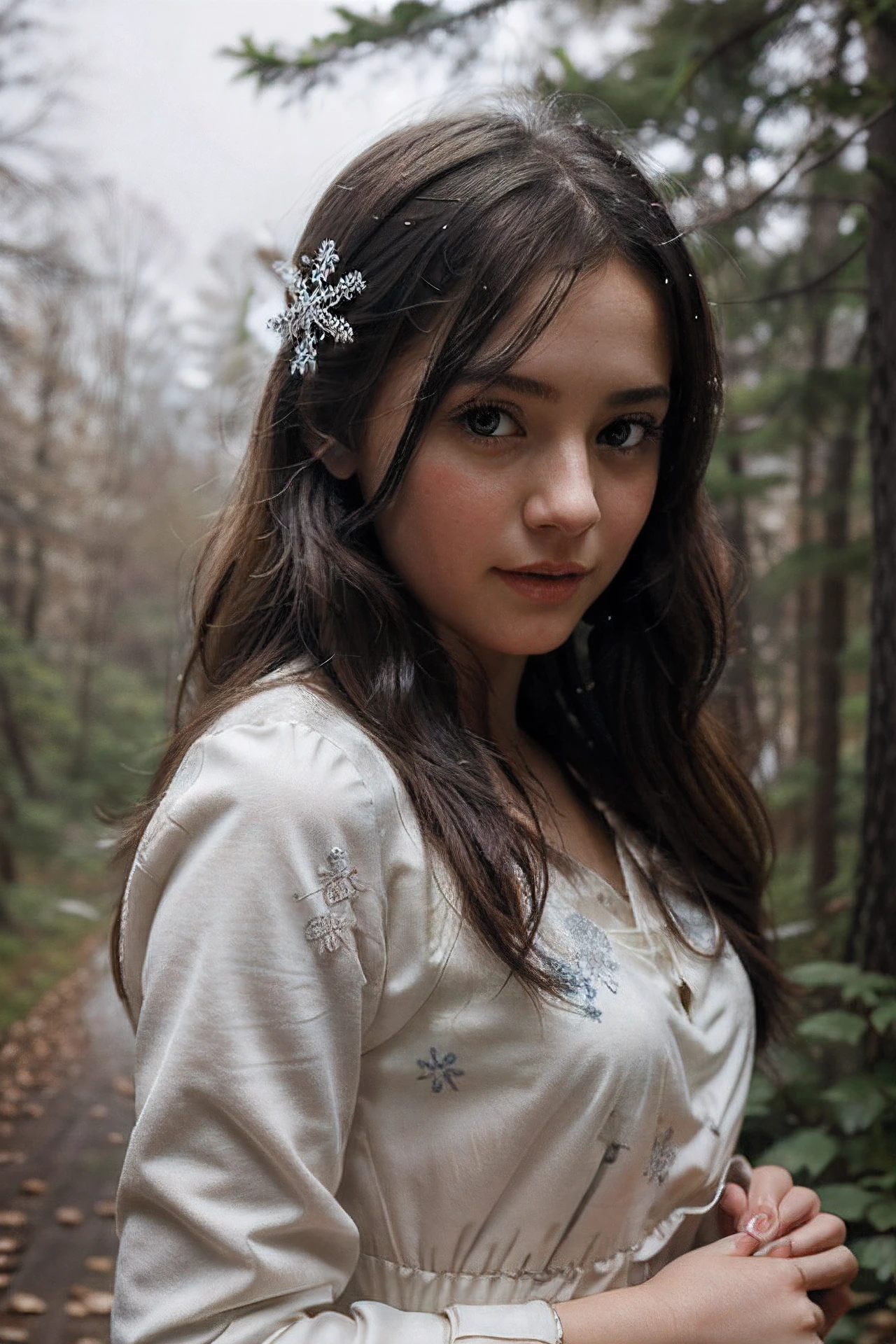 "A cute painting of a girl in a forest, with snowflakes falling. The artwork is in high resolution, with ultra-rich details. The girl is wearing a dreamy dress and seems to be breaking free from something."