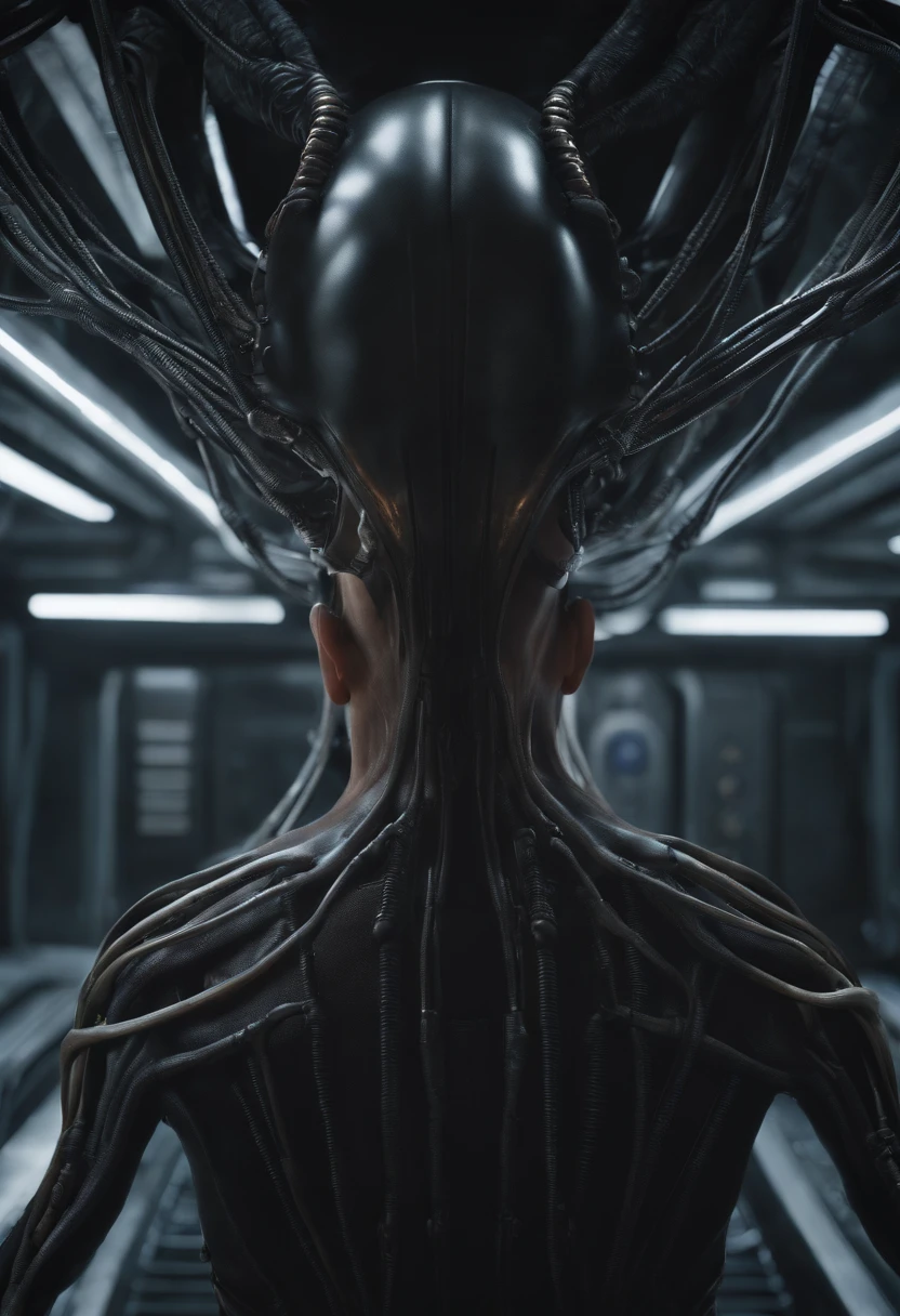 Hibernating human, cables attached to body, alien, pod, organic, horror, concept art, giger, cronenberg, unreal engine, best render, cinematic, Ridley Scott