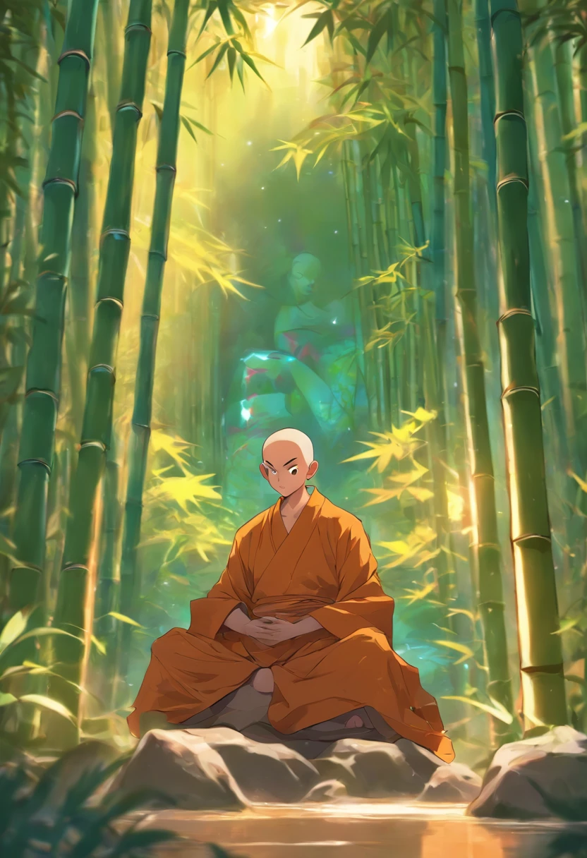 bald monk sitting in the bamboo forest, Andrew Tate, anime style, kimano clothes