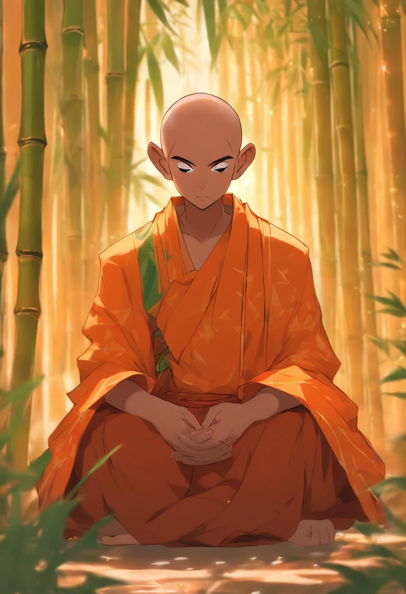bald monk sitting in the bamboo forest, Andrew Tate, anime style, kimano clothes