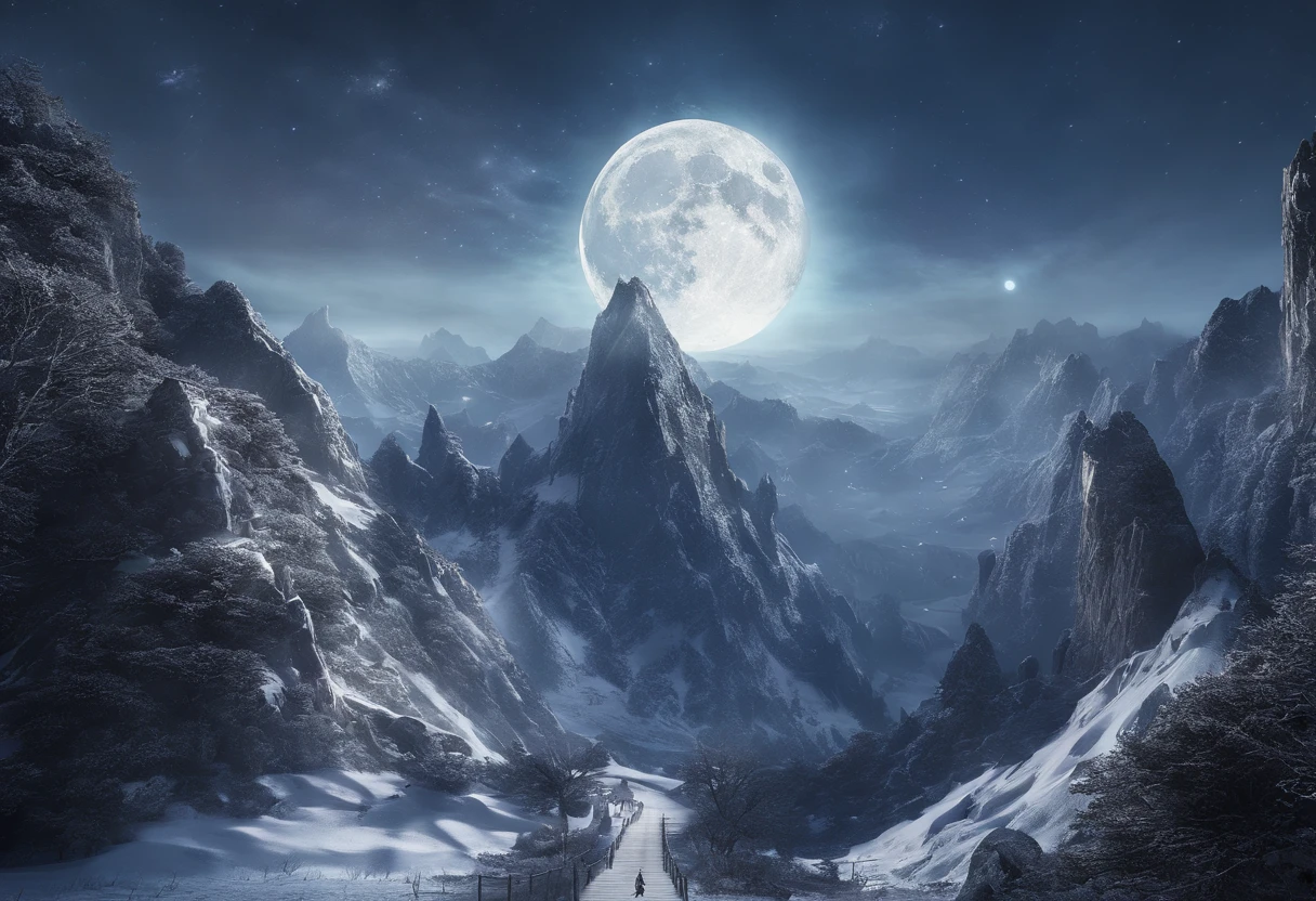 Vast Landscape Photo (view from bottom, which shows the sky above and the rocks), Fortress at the top (full moon: 1,2), (Shooting stars: 0,9), (nebula: 1,3), High Lonely Mountain ,(Cold light source:1.2), Lonely Mountain, Snow-capped mountains, voluminous lighting, реализм BREAK (tmasterpiece:1.2), (beste-Qualit), 4k, Ultra-detailed, (Dynamic composition: 1.4), Detailed, colorful details, (White color scheme: 1.2), (Glowing Lighting, Ambiance Lighting), dreamy, elvish, (独奏: 1.2)