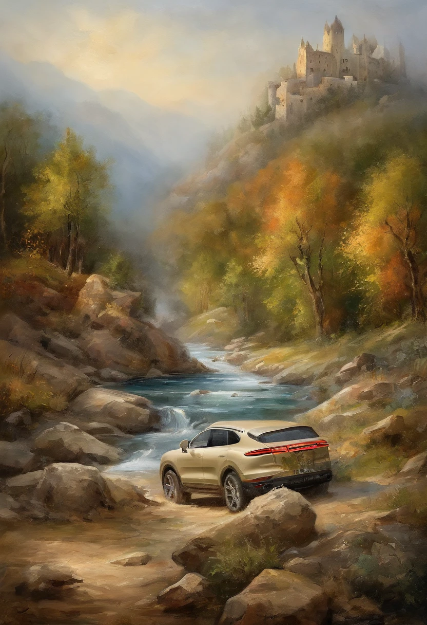 best quality, pintura de um (Branco 2022 Porsche Cayenne), and Blueridge mountain scene with a river and trees, carro centrado Masterpiece, ultrahigh-resolution, (fotografia realista:1.4), Surrealismo, Semelhante a um sonho,FusionArt, Shadow dancer, magia das sombras,Ruined castle in the background