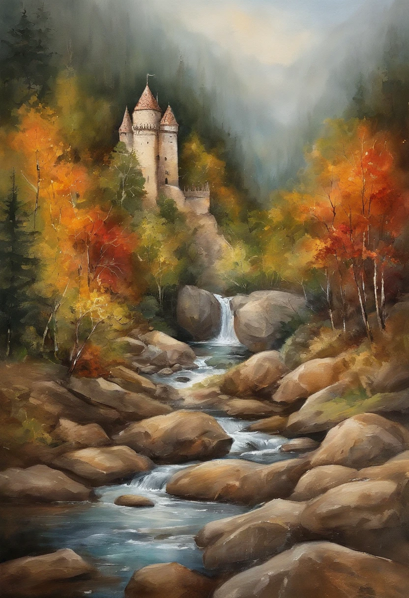 best quality, pintura de um (Branco 2022 Porsche Cayenne), and Blueridge mountain scene with a river and trees, carro centrado Masterpiece, ultrahigh-resolution, (fotografia realista:1.4), Surrealismo, Semelhante a um sonho,FusionArt, Shadow dancer, magia das sombras,Ruined castle in the background