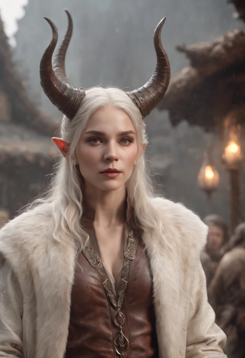 (professional 3d render:1.3) af (Realistic:1.3) most beautiful artwork photo in the world，Features soft and shiny white male humanoid demon with four horns heroes, ((Epic hero fantasy muscle rough wet angry look long white hair beard and ferocious expression in dynamic pose, Fantastic location, Majestic cluttered environment)), full body 8k unity render, action  shot, skin pore, very dark lighting, heavyshading, Detailed, Detailed face, (vibrant, photograph realistic, Realistic, Dramatic, Dark, Sharp focus, 8K), (Old leather garments damaged by weathering:1.4), ((((Wear fur)))), (Intricate:1.4), decadent, (Highly detailed:1.4), Digital painting, rendering by octane, art  stations, concept-art, smooth, Sharp focus, illustration, Art germ, (loish:0.23), wlop, and greg rutkowski and alphonse mucha, (Global illumination, Studio light, volumettic light), heavy rain, particles floating, lotr, fantasy, elf, full body, ((Dark and ancient city background:1.3)), CGSociety, art  stations