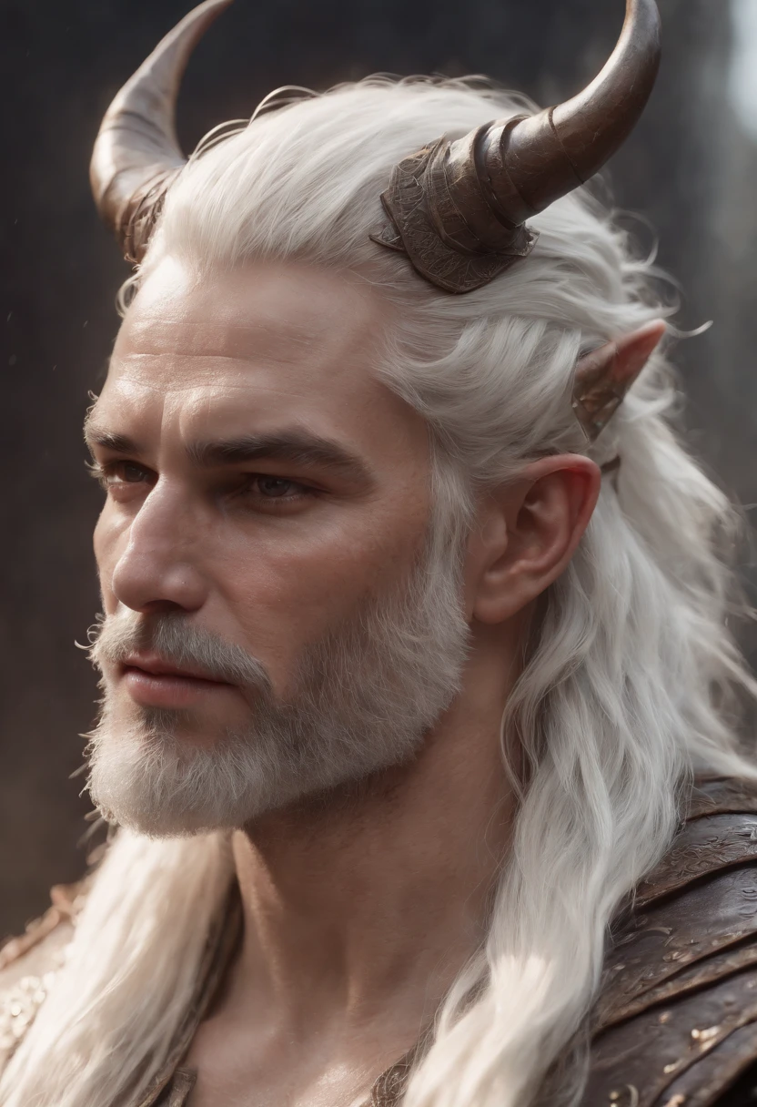 (professional 3d render:1.3) af (Realistic:1.3) most beautiful artwork photo in the world,Features soft and shiny white male humanoid demon with four horns heroes, ((Epic hero fantasy muscle rough wet angry look long white hair beard and ferocious expression in dynamic pose, Fantastic location, Majestic cluttered environment)), full body 8k unity render, action shot, skin pore, very dark lighting, heavyshading, Detailed, Detailed face, (vibrant, photograph realistic, Realistic, Dramatic, Dark, Sharp focus, 8K), (Old leather garments damaged by weathering:1.4), ((((Wear fur)))), (Intricate:1.4), decadent, (Highly detailed:1.4), Digital painting, rendering by octane, art stations, concept-art, smooth, Sharp focus, illustration, Art germ, (loish:0.23), wlop, and greg rutkowski and alphonse mucha, (Global illumination, Studio light, volumettic light), heavy rain, particles floating, lotr, fantasy, elf, full body, ((Dark and ancient city background:1.3)), CGSociety, art stations