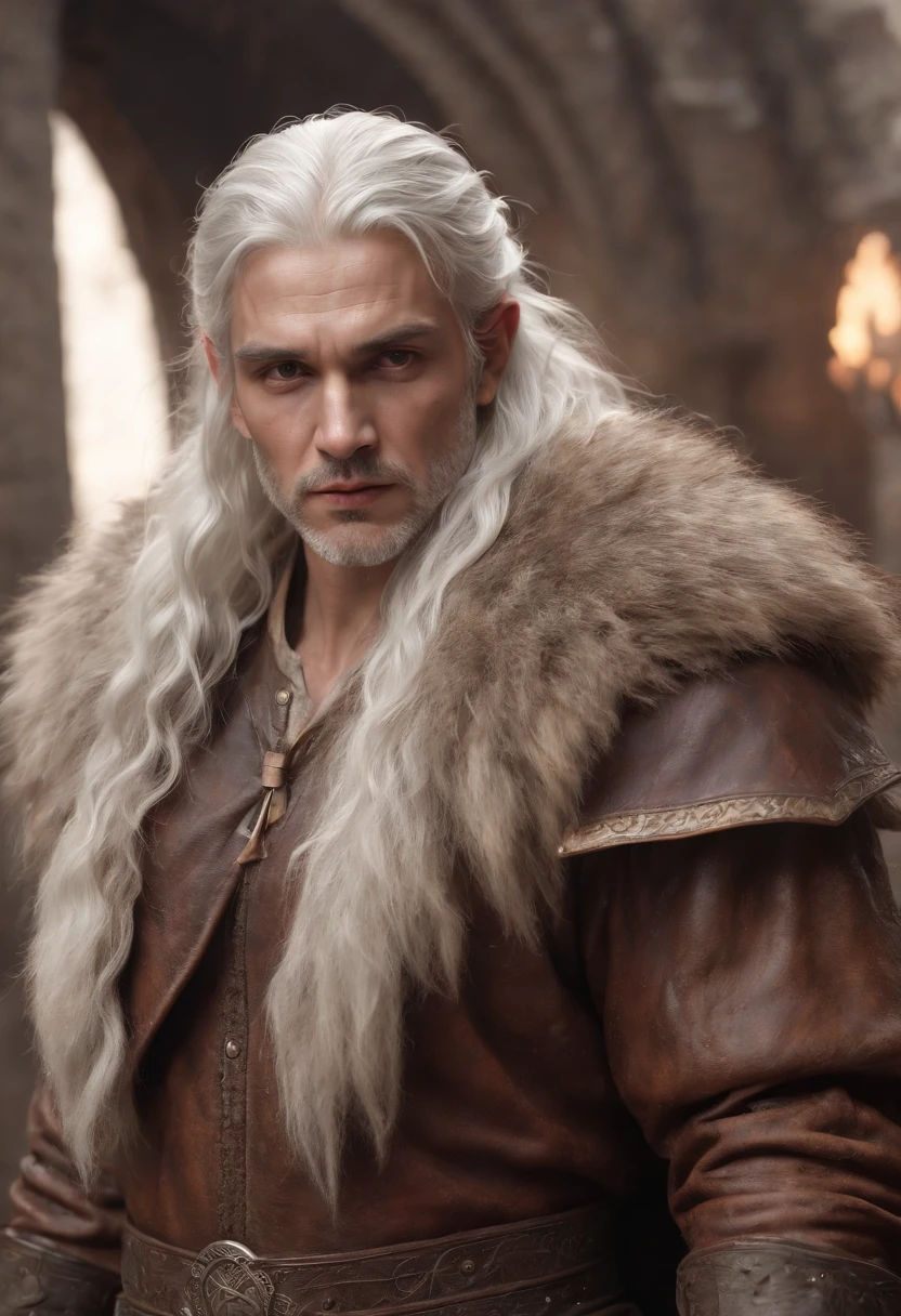 (professional 3d render:1.3) af (Realistic:1.3) most beautiful artwork photo in the world，Features soft and shiny white male humanoid demon with four horns heroes, ((Epic hero fantasy muscle rough wet angry look long white hair beard and ferocious expression in dynamic pose, Fantastic location, Majestic cluttered environment)), full body 8k unity render, action  shot, skin pore, very dark lighting, heavyshading, Detailed, Detailed face, (vibrant, photograph realistic, Realistic, Dramatic, Dark, Sharp focus, 8K), (Old leather garments damaged by weathering:1.4), ((((Wear fur)))), (Intricate:1.4), decadent, (Highly detailed:1.4), Digital painting, rendering by octane, art  stations, concept-art, smooth, Sharp focus, illustration, Art germ, (loish:0.23), wlop, and greg rutkowski and alphonse mucha, (Global illumination, Studio light, volumettic light), heavy rain, particles floating, lotr, fantasy, elf, full body, ((Dark and ancient city background:1.3)), CGSociety, art  stations
