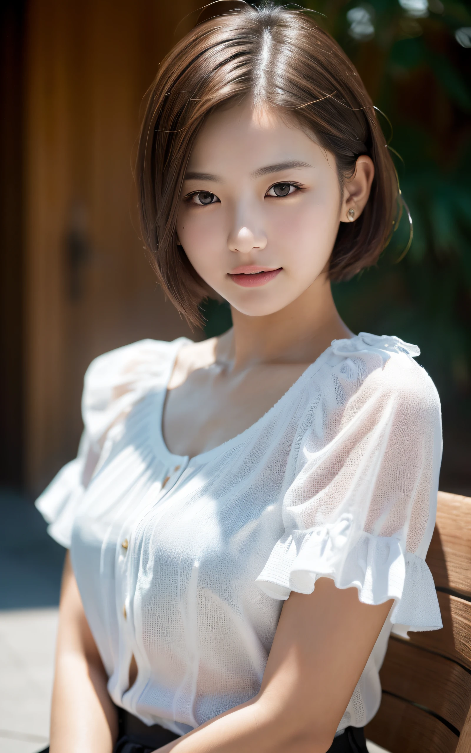 ((Best quality, 8k, Masterpiece: 1.3)), Sharp focus: 1.2, (1 AESPA girl: 1.1), (realistic, photo-realistic:1.37), beautiful face girl, cute face, small breasts, flat chest, brunette short messy hair, sitting, white shirt, white panties, wet, city, rain, sunlight, cinematic lighting, (8k, masterpiece, best quality, raw photo)
