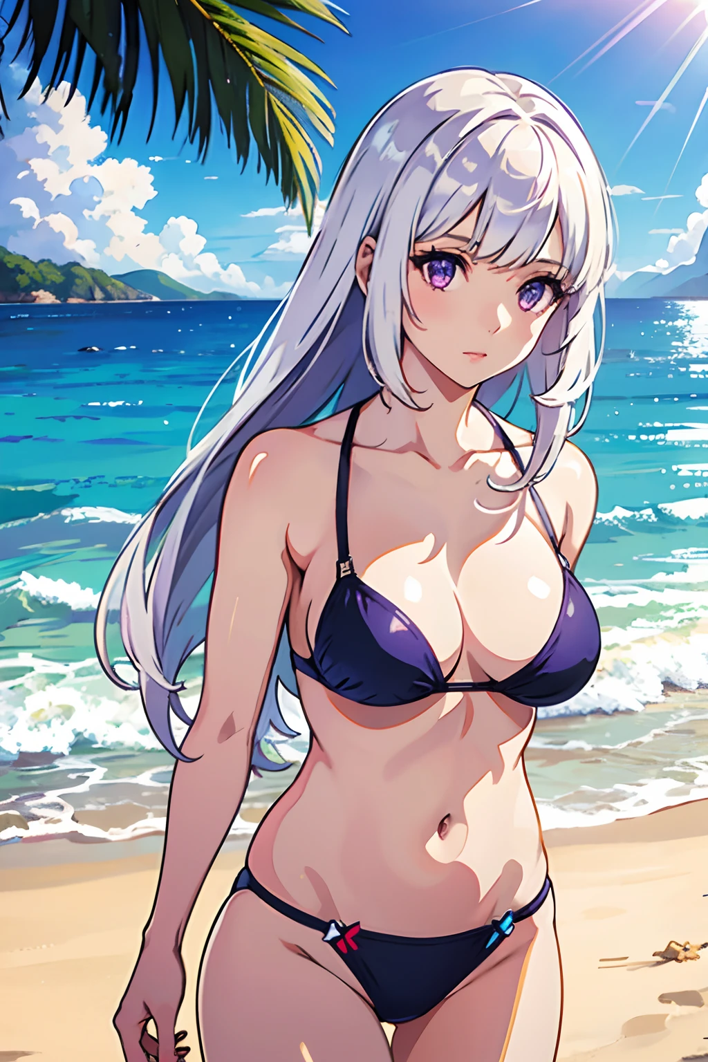 realistic, 1girl, white hair, purple eyes, bikini, beach, light particles, light rays, wallpaper,