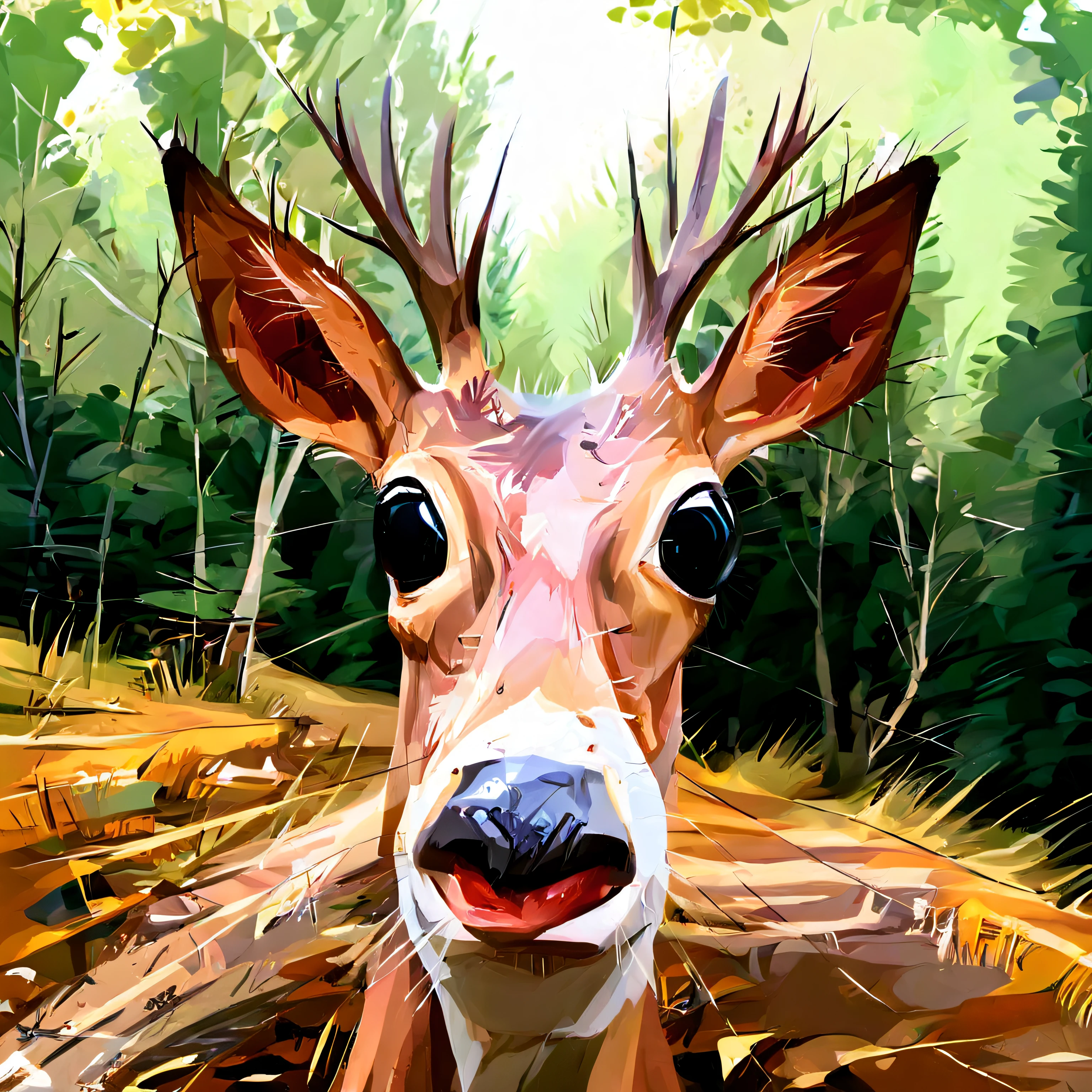 fisheye view, deer staring on the camera, great horns, forest on background, caricature, albeniz rodriguez style