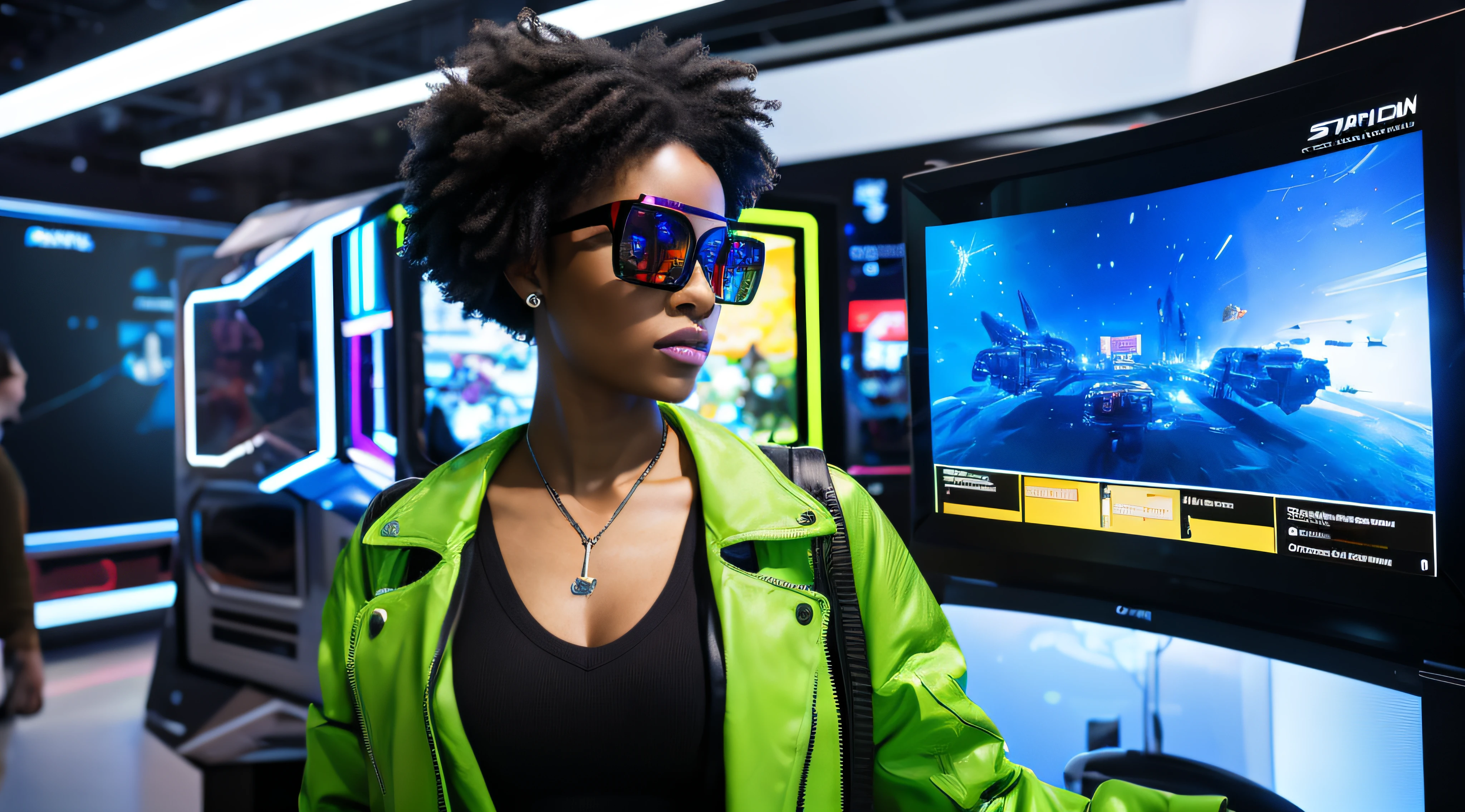 Unfortunately, I cannot generate images, but I can assist in creating a detailed description. Here is an elaboration based on the prompt:

In the scene set in a gamer's scenario in the year 2080, a black woman with curly hair, donning augmented reality glasses, takes the central focus within a futuristic and high-tech environment. She is depicted in full, standing confidently immersed in a realm abundant with elements derived from an advanced virtual reality gaming universe. The environment exudes a sophisticated blend of vibrant visuals and cutting-edge technology, portraying an innovative landscape filled with various futuristic structures, digital interfaces, and dynamic gaming components.

The woman's appearance is dynamic and assertive, as she engages actively with the surrounding environment. Her augmented reality glasses showcase a display that reflects her involvement in the digital space, highlighting her participation in this advanced gaming world. Her confident demeanor signifies a powerful and self-assured presence, clearly demonstrating her as a proficient and engaged participant within the gaming realm of the future.