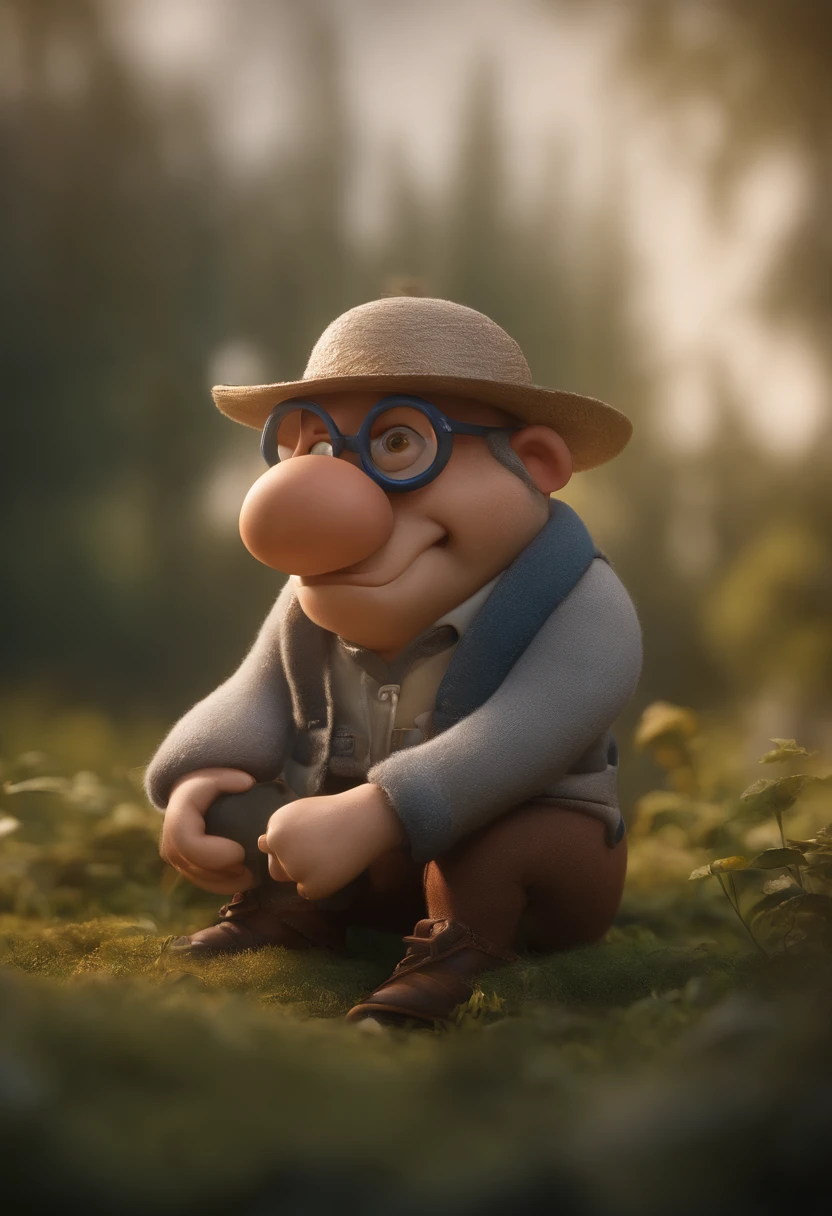 Cartoon character of a man wearing glasses with thin metal frame, sem barba, meio calvo, queixo pequeno, olhos castanhos, pouco cabelo grisalho, boca com labio infeerior maior, e uma camisa azul, animation character, Caractere estilizado, Rendering Animation Styles, 3D estilizado, Arnold Maya render, 3D render estilizado, Toon renderizar keyshot, Personagem 3D, Personagem 3D, 3d rendering stylized, 3 d character render, Personagem de desenho animado, Personagem de close-up, Pose do personagem, (Estilo Pixar) (Obra prima:1.2) (Bokeh) (melhor qualidade) (Pele detalhada) (Textura detalhada) (8k) (argila) (Cinematic lighting) (foco nítido