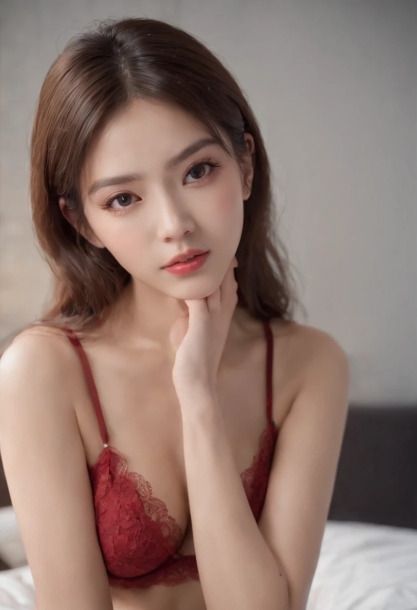 ((Realistic lighting, Top quality, 8K, Masterpiece: 1.3)), Clear focus: 1.2, 1 girl, Perfect body beauty: 1.4, Slim abs: 1.1, ((Dark brown hair, : 1.3)), (Wearing ultra thin red lace underwear: 1.4, Gray stockings: 1.2, ), (En plein air, Night: 1.1), the city street, Ultra-fine face, Narrow eyes, Double eyelids, Hands on the head, lying on bed, Crotch open, seducing with sexual expressions, Detailed mouth, 18 year old Japan, Big ass