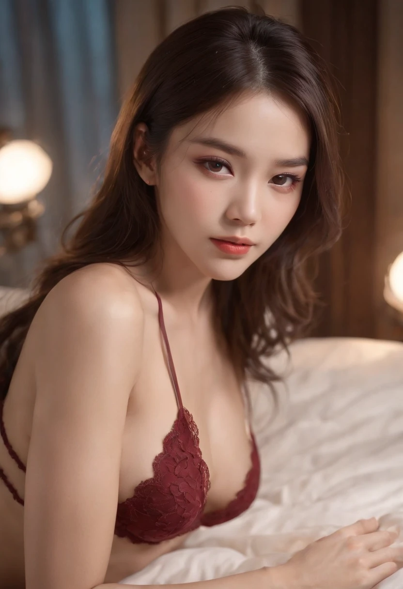 ((Realistic lighting, Top quality, 8K, Masterpiece: 1.3)), Clear focus: 1.2, 1 girl, Perfect body beauty: 1.4, Slim abs: 1.1, ((Dark brown hair, : 1.3)), (Wearing ultra thin red lace underwear: 1.4, Gray stockings: 1.2, ), (En plein air, Night: 1.1), the city street, Ultra-fine face, Narrow eyes, Double eyelids, Hands on the head, lying on bed, Crotch open, seducing with sexual expressions, Detailed mouth, 18 year old Japan, Big ass