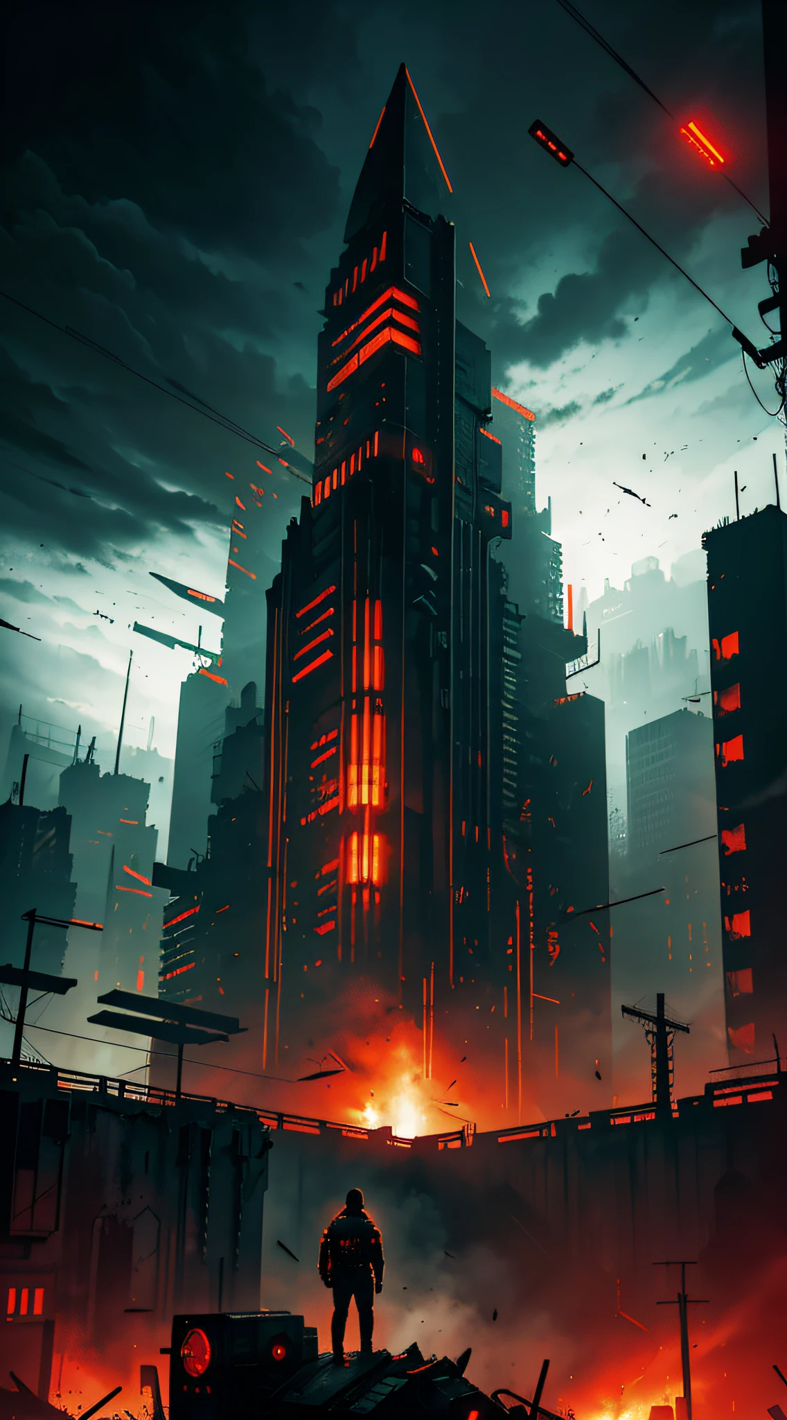 dark dystopic futurism landscape, horror art, hopeless atmosphere, huge dark brutalism gun on a huge dark brutalism wall, looking at the viewer, faint red and orange alarm lights, dark horror red lights, minimum light, dark futuristic brutalism wall, view of the orange heath, gloomy futuristic brutalism, scratched and damaged wall, super mega city in the background, darkness