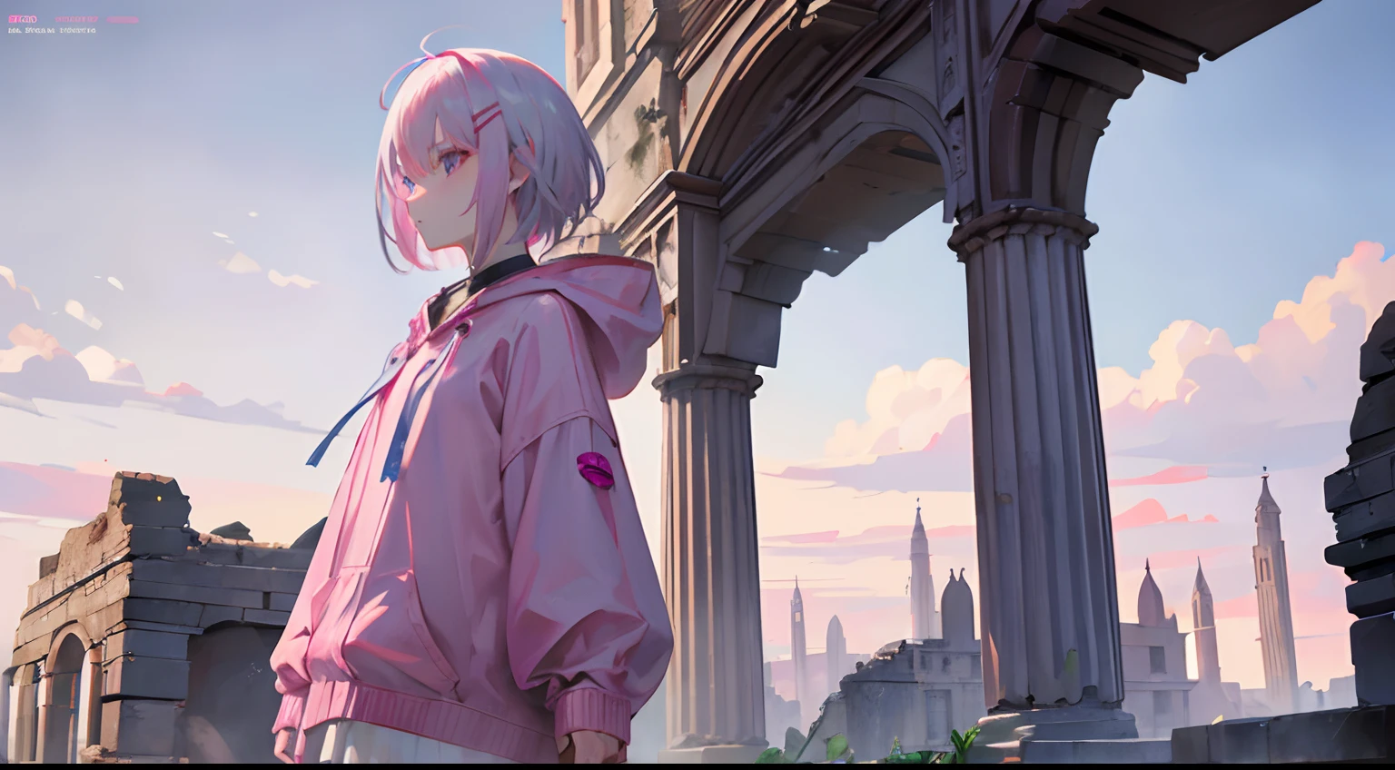 Pink woman with silver hair, Pink eyes, Very short hairstyle, (Rin々Profile:1.3), hair clips, Long sleeves, Brown hood, Small chest, Contre-Jour, ancient ruin, landscape, (masutepiece), (Best Quality, 8K, High resolution), Ultra-detailed, (Realistic), Vibrant colors.