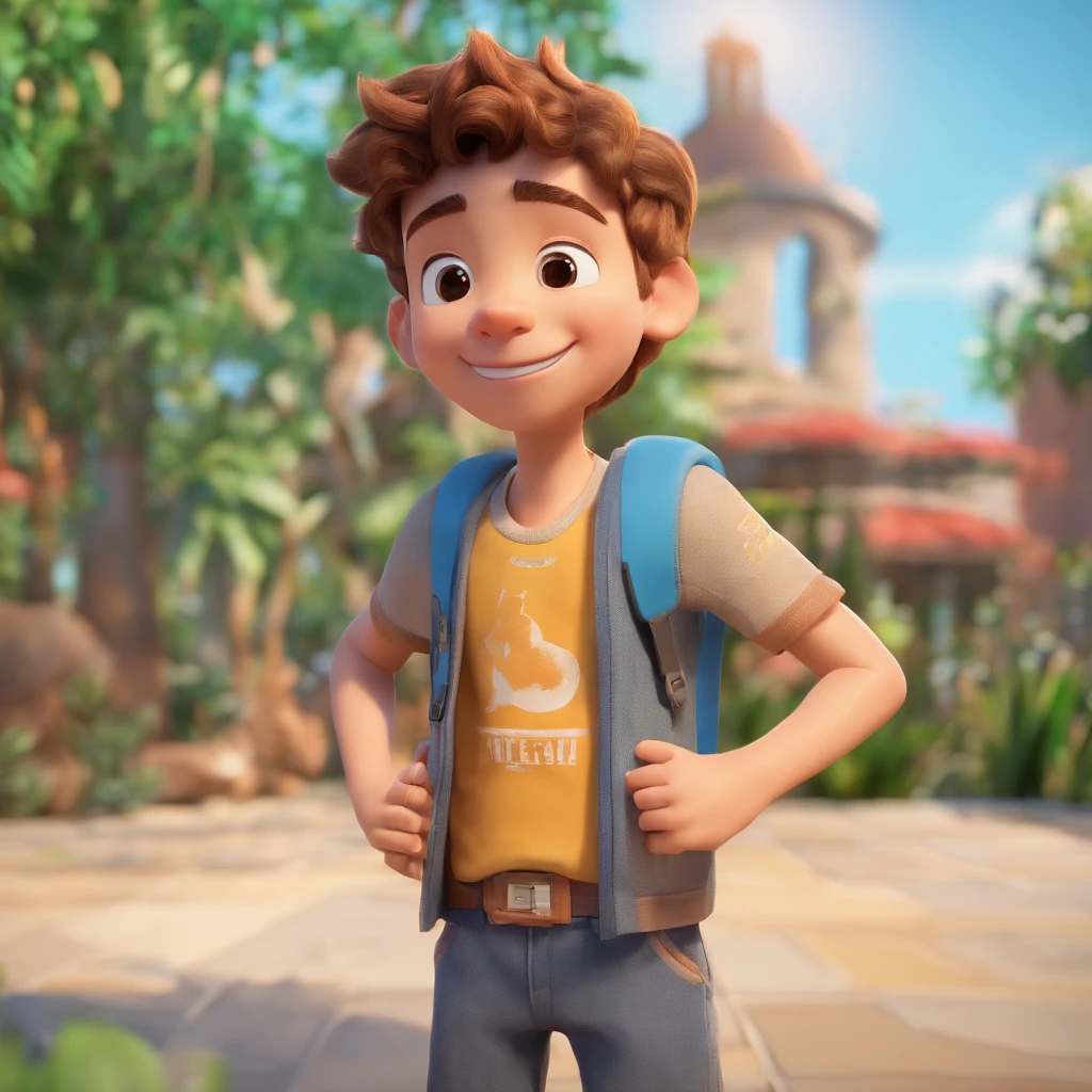 Lucas is a smiling 20-year-old human boy, com seu fiel amigo, Bolt, o gato , cor tricolor, deitados no jardim
