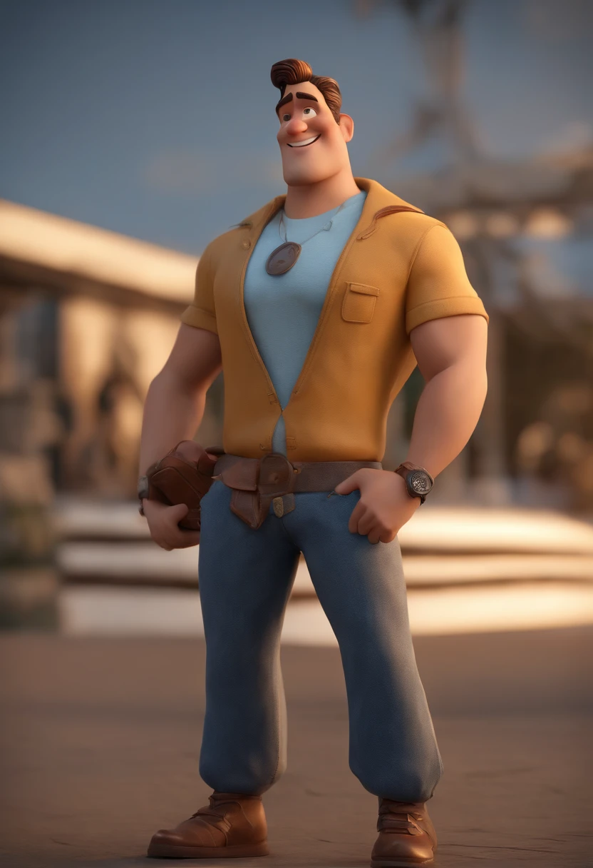 personagem dos desenhos animados de um homem, com uma camisa azul, com jaleco branco, Brazilian Animated Character, cabelo enrolado com corte americano, Caractere estilizado, animation style rendering, 3D estilizado, Arnold Maya render, 3 d render stylized, toon render keyshot, Personagem 3D, Personagem 3D, 3d rendering stylized, 3 d character render, personagem de desenho animado, Personagem de close up, Pose de personagem,  (Estilo Pixar) (master part:1.2) (Bokeh) (best quality) (pele detalhada) (textura detalhada) (8k) (argila) (Cinematic lighting) (foco nítido