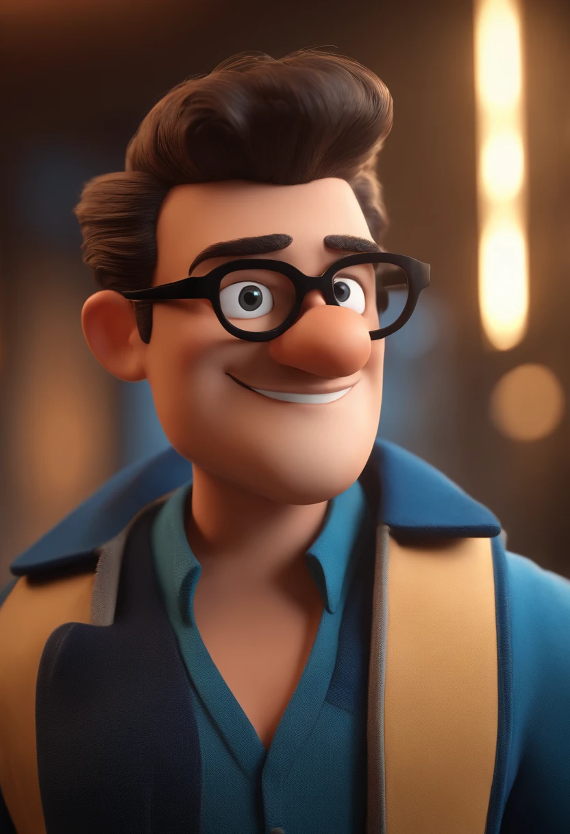 Cartoon character of a man with black glasses and a blue shirt, animation character, Caractere estilizado, animation style rendering, 3D estilizado, Arnold Maya render, 3 d render stylized, toon render keyshot, Personagem 3D, Personagem 3D, 3d rendering stylized, 3 d character render, personagem de desenho animado, Personagem de close up, Pose de personagem, (Estilo Pixar) (master part:1.2) (Bokeh) (best quality) (pele detalhada) (textura detalhada) (8k) (argila) (Cinematic lighting) (foco nítido
