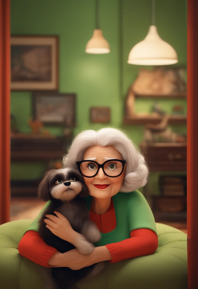Pixar-inspired 3D poster capturing a scene with a 65-year-old woman, white Dutch, light green eyes, wearing red glasses, light brown hair on her shoulders, is happy, holding a small black furry dog with black eyes, in a room