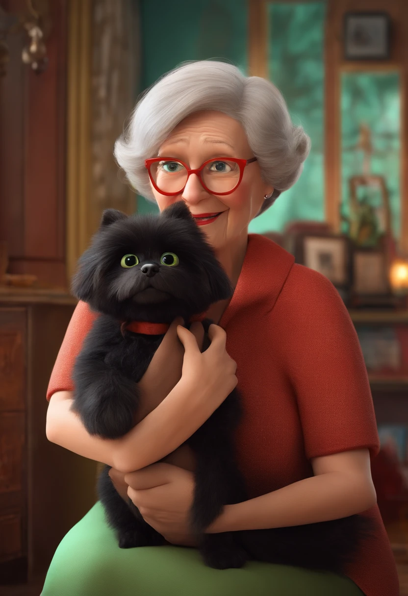 Pixar-inspired 3D poster capturing a scene with a 65-year-old woman, white Dutch, light green eyes, wearing red glasses, light brown hair on her shoulders, is happy, holding a small black furry dog with black eyes, in a room
