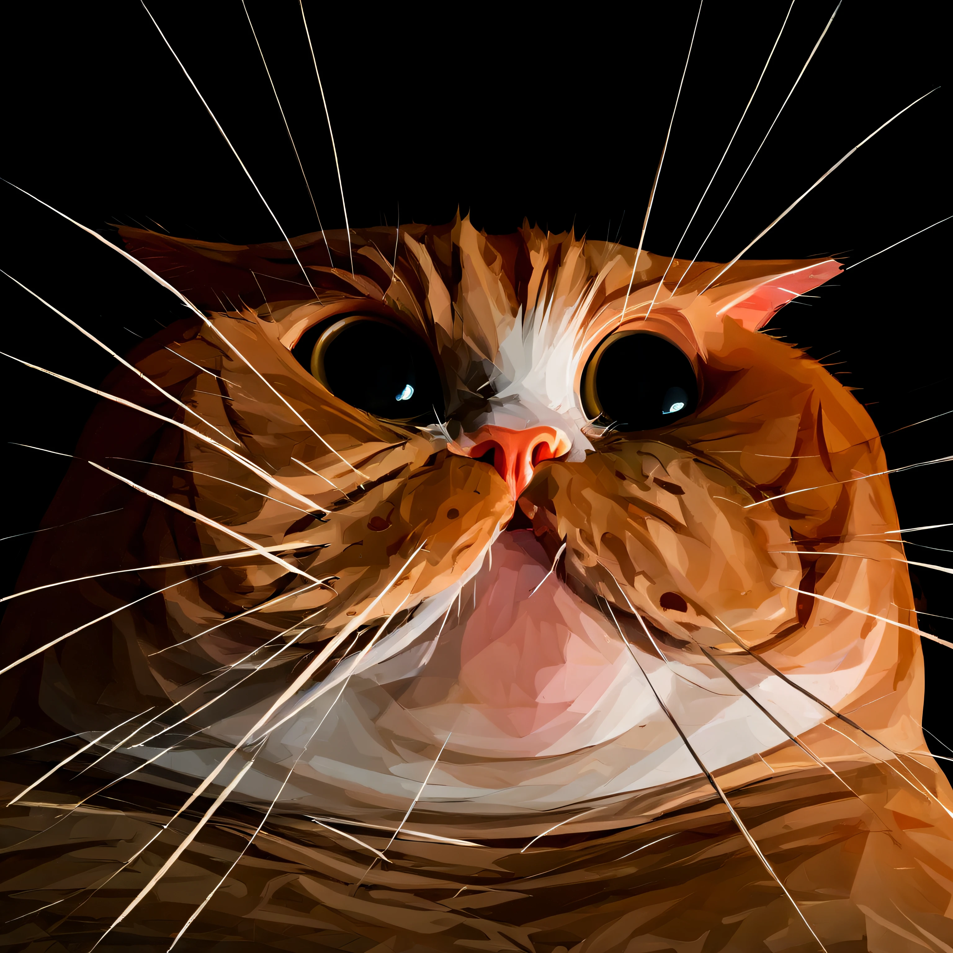 fisheye view of a scared fat cat with a big angry eyes and long whisk, dark background, caricature, albeniz rodriguez style