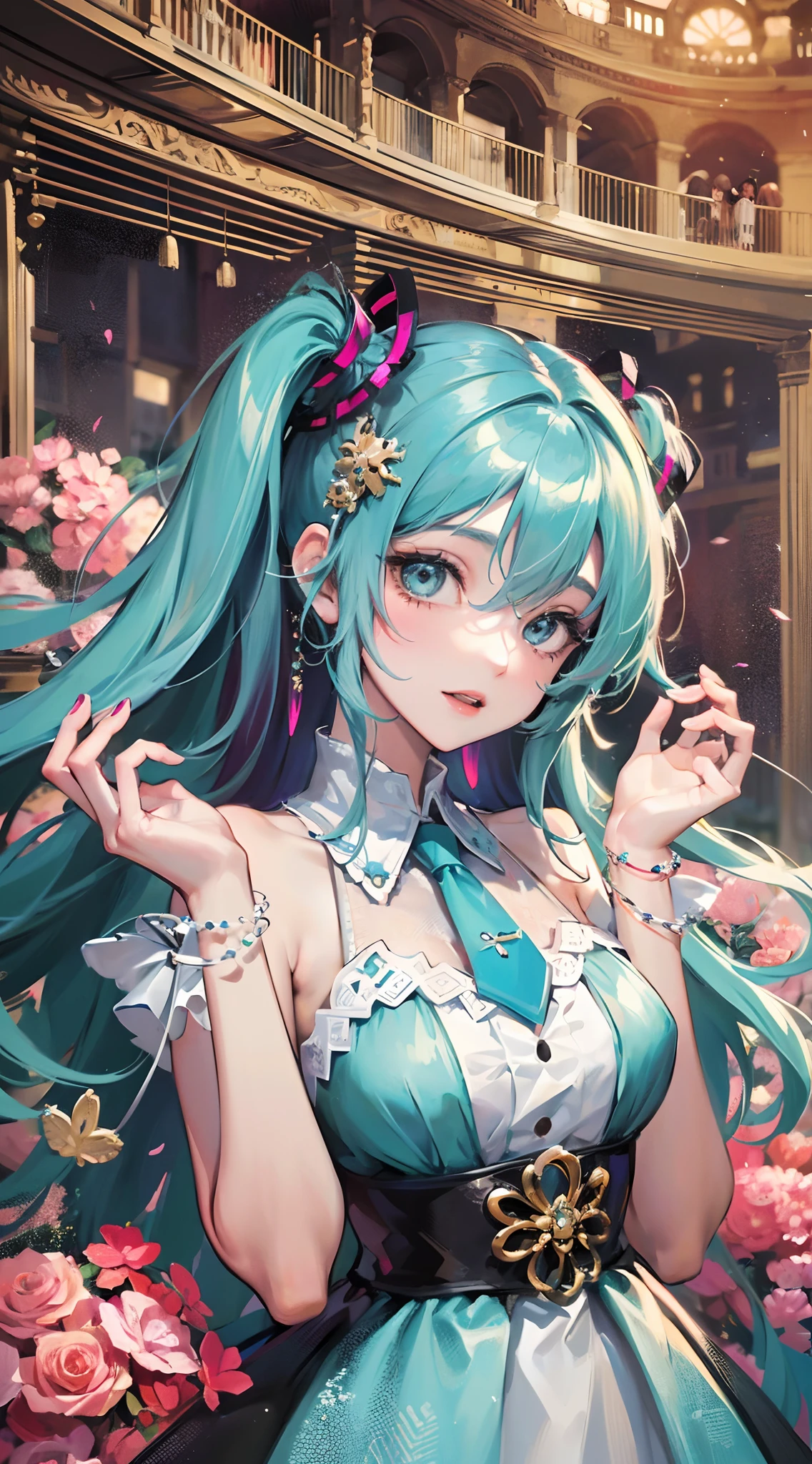 Absurdres masterpiece HDR high quality picture of Hatsune Miku, very young age girl 14 years old with detailed face, simple hair design , beautiful face, hands on waist and hands are hiding in her hair and clothes , very long hair, ((random hair style:1 )) , anime eyes, light skin ,
Courtesan outfit , detailed dress, detailed hair ornaments , concert stage background, masterpiece scenery