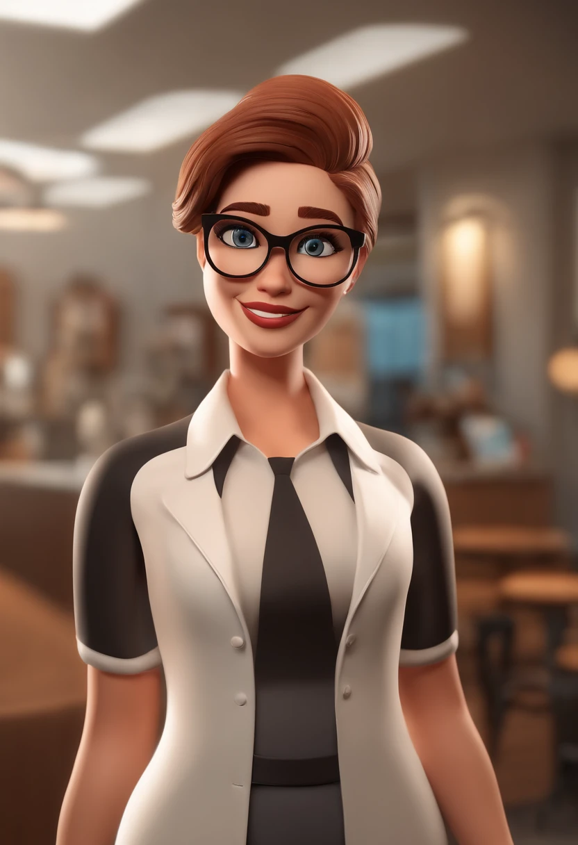 Cartoon character of a happy woman with black glasses with white dress shirt, in an optician, place that sells eyeglasses, local em Loja com predominancia branca,  animation character, Caractere estilizado, animation style rendering, 3D estilizado, 3 d render stylized, , Personagem 3D, Personagem 3D, 3d rendering stylized, 3 d character render, personagem de desenho animado, Personagem de close up, Pose de personagem, (Estilo Pixar) (melhor qualidade) (pele detalhada) (textura detalhada) (8k) (argila) (clear lighting) (foco nítido)